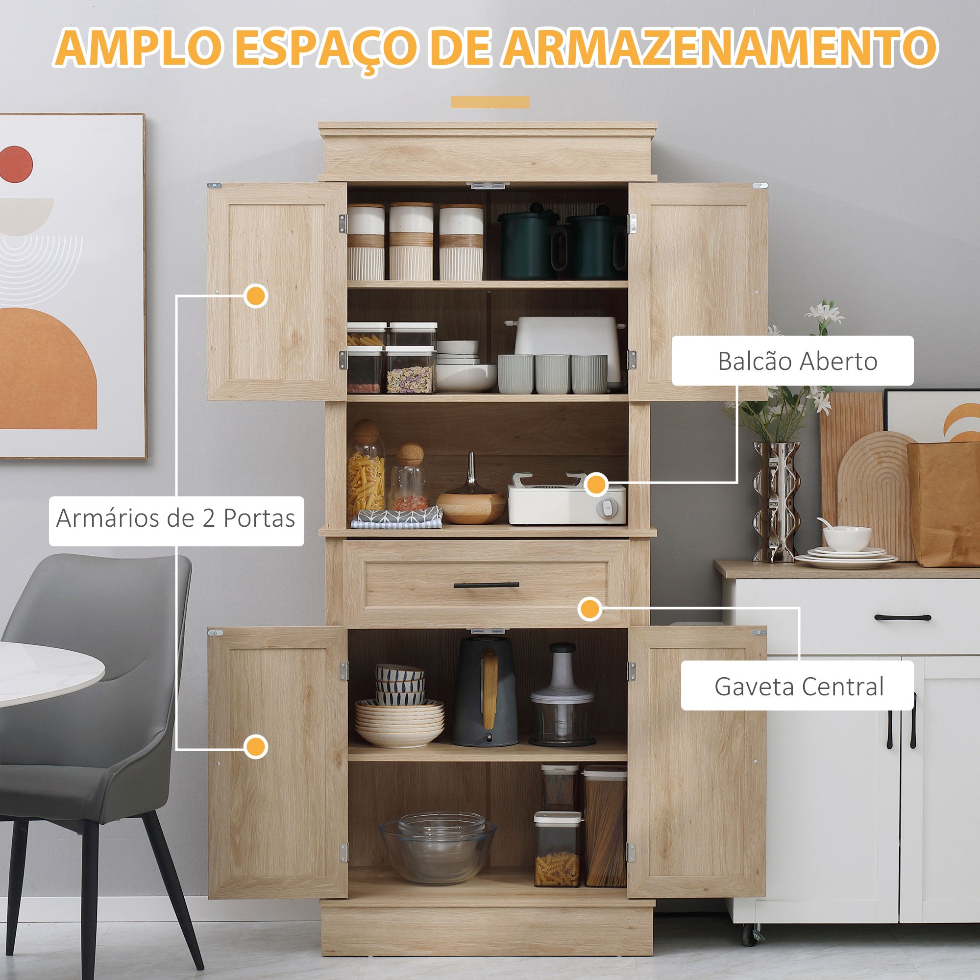 Armário Móvel Auxiliar de Cozinha – 74x39,5x183cm – Cor de Carvalho – Melamina de Madeira e MDF