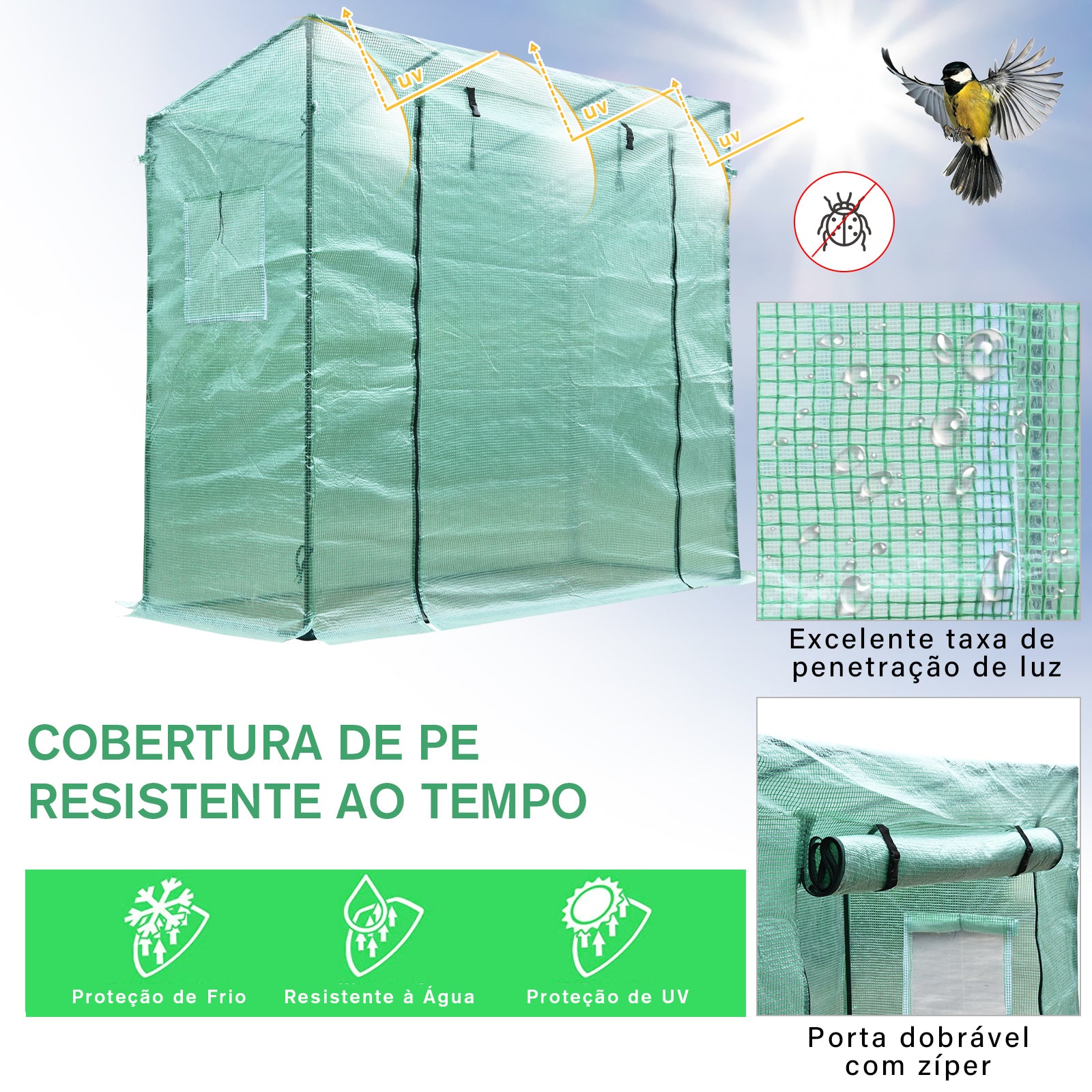 Estufa de Jardim Verde 200x73x168 cm com Tubos de Aço, 1 Porta e 2 Janelas Enroláveis
