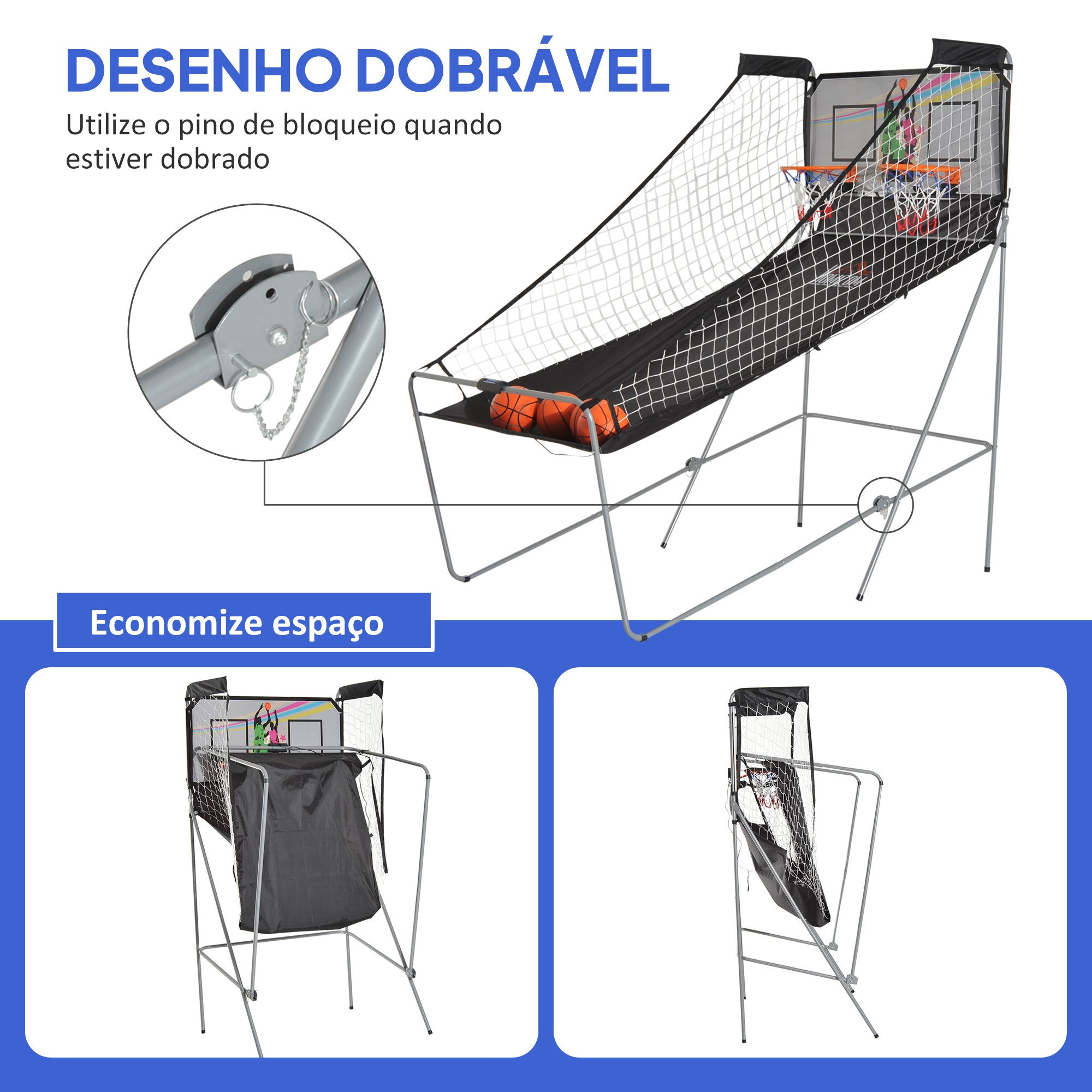 Conjunto de Cestos de Basquetebol Dobráveis - Cor: Preto e Branco - 205 x 110 x 205 cm