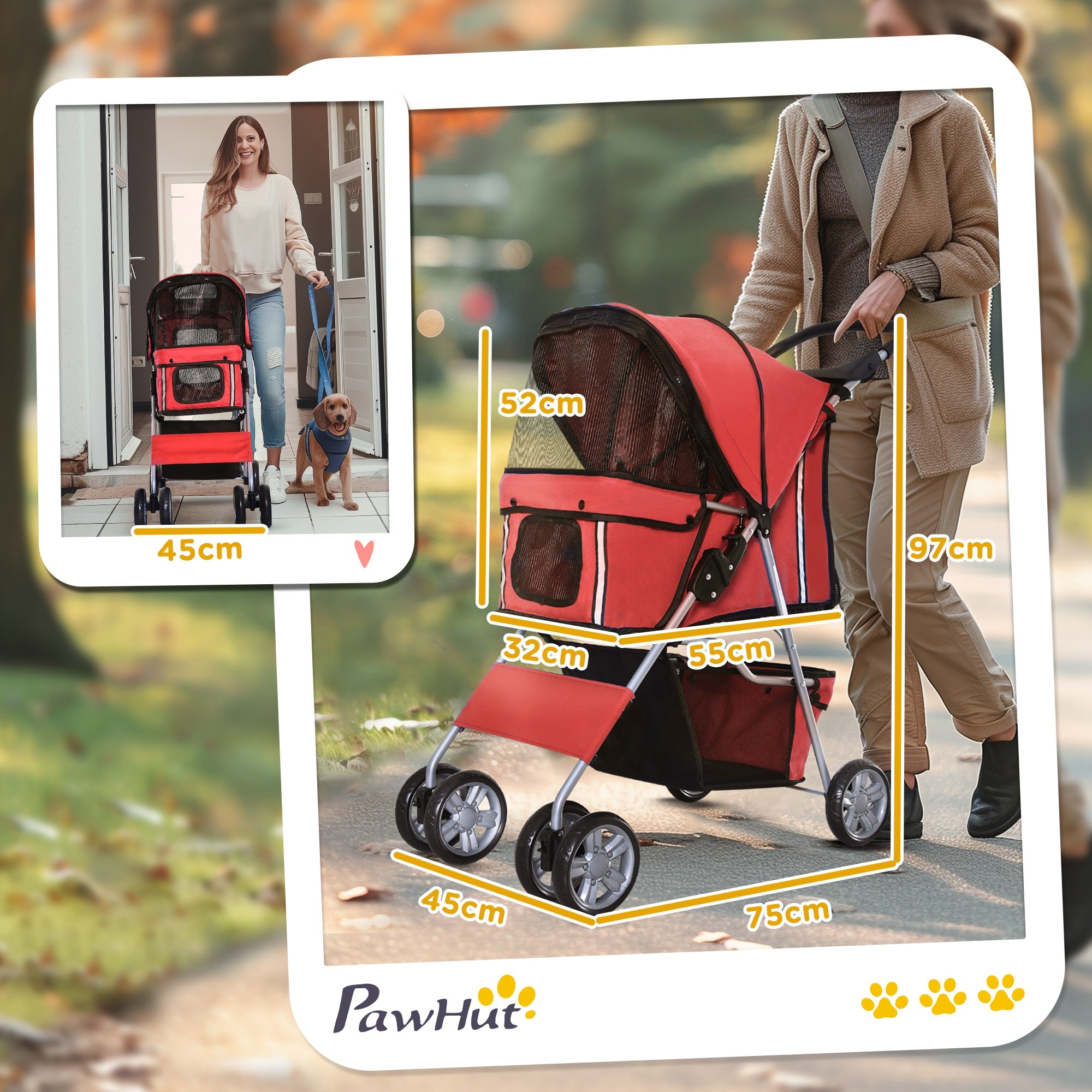 Carrinho de Passeio para Animais de Estimação 75x45x97cm Vermelho