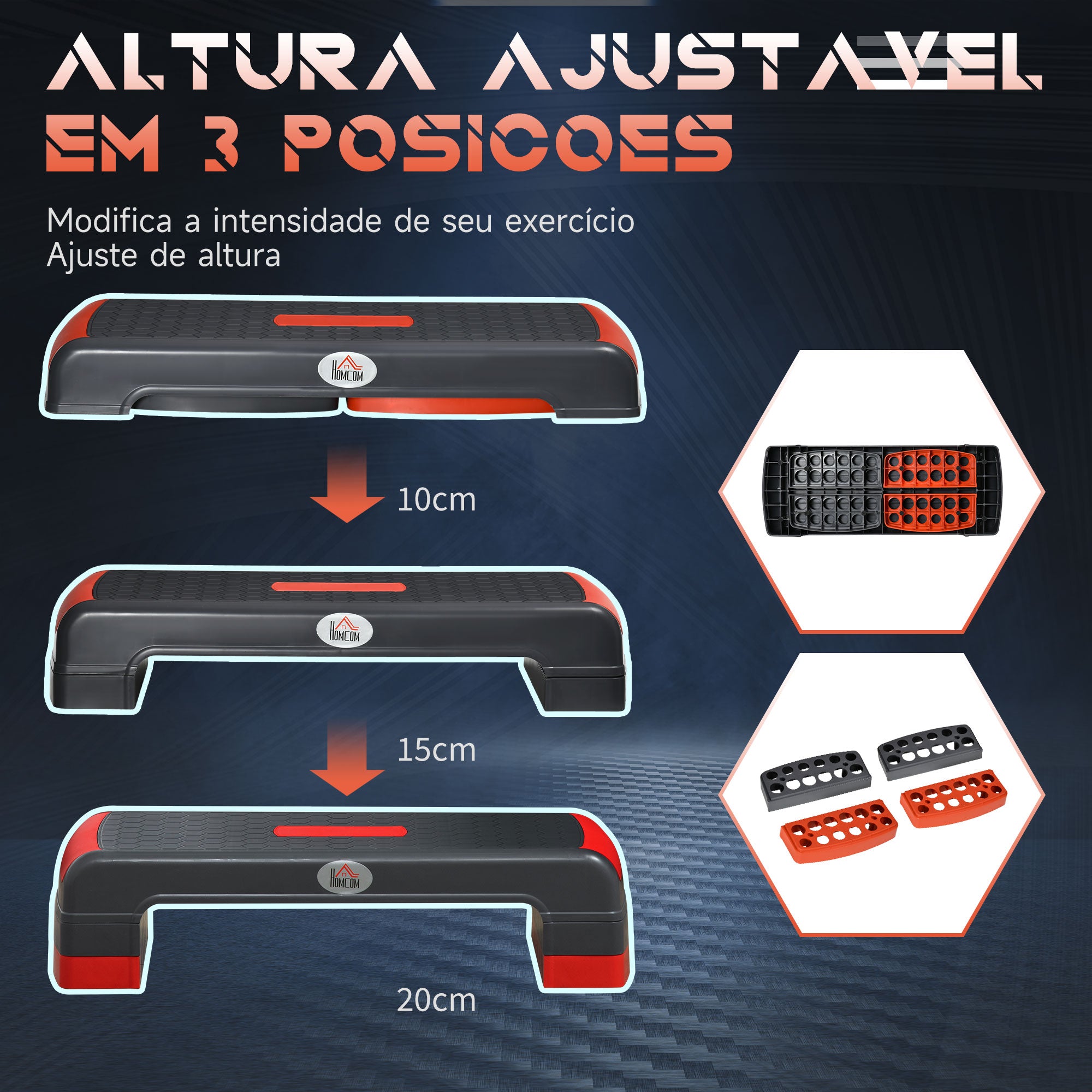 Step Fitness Aeróbico – 78x28x10/15/20cm – Vermelho e Cinza – Polipropileno