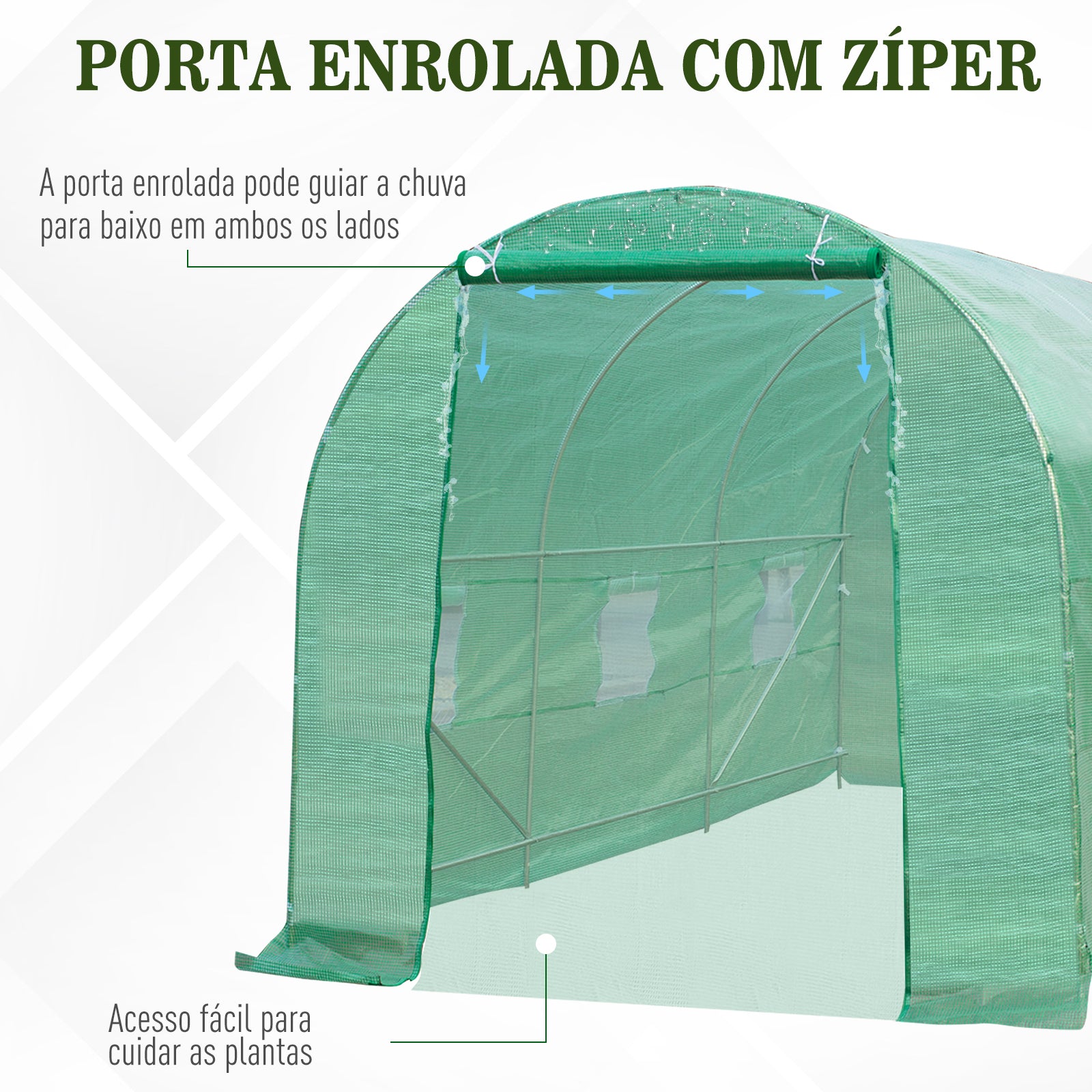 Estufa Túnel Verde 445x190x200 cm com 6 Janelas e Estrutura de Aço