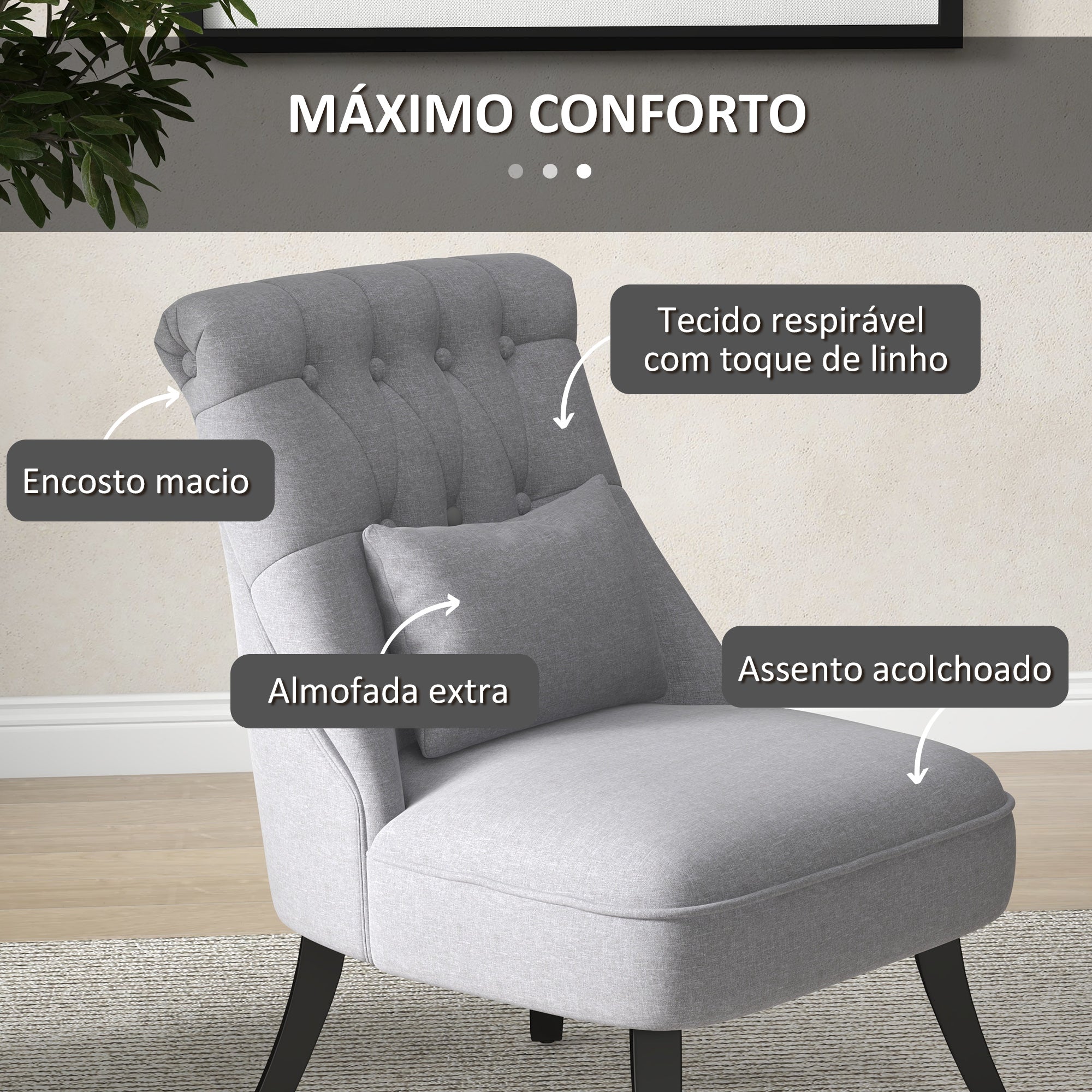 Poltrona Estofada em Linho – 52,5x69x77 cm – Cinza