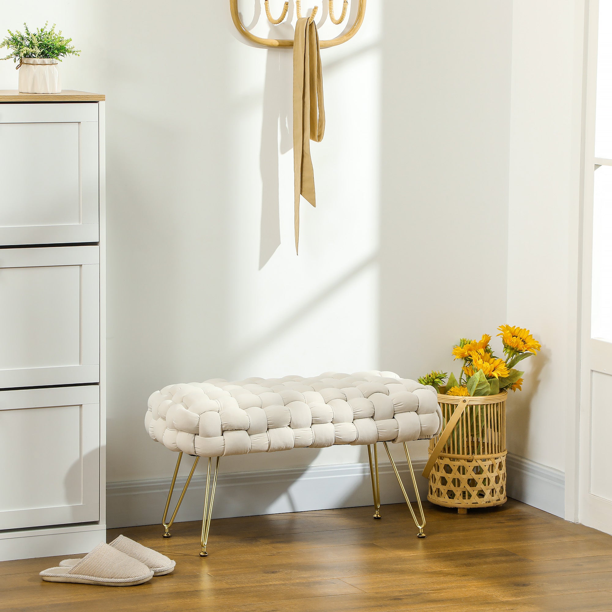Banco de Apoio Acolchoado – 76x38x41,5 cm – Creme – Veludo