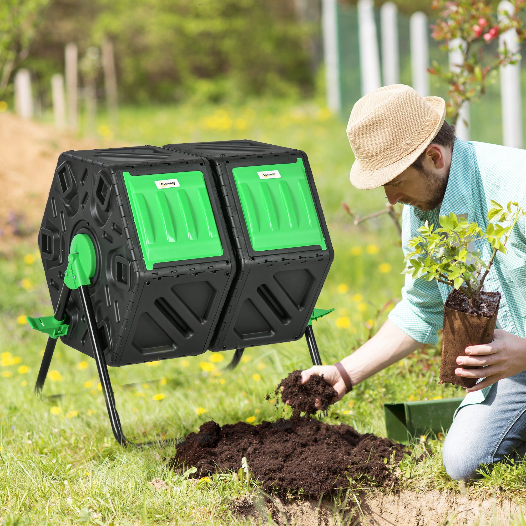 Compostor Giratório de 130L – 67x60x77 cm – Preto e Verde – PP e Aço