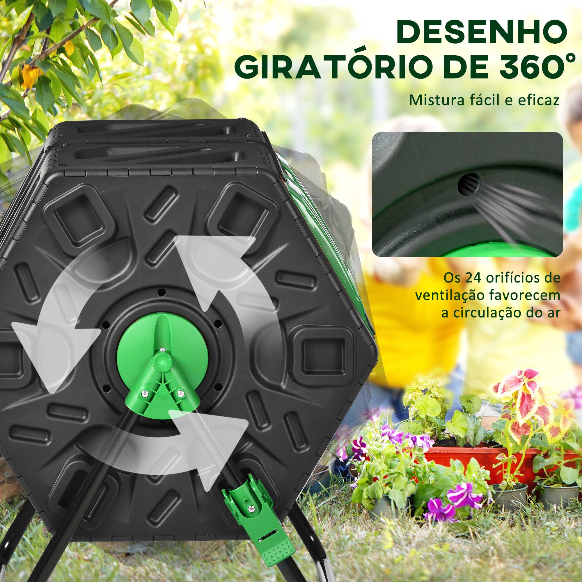 Compostor Giratório de 130L – 67x60x77 cm – Preto e Verde – PP e Aço