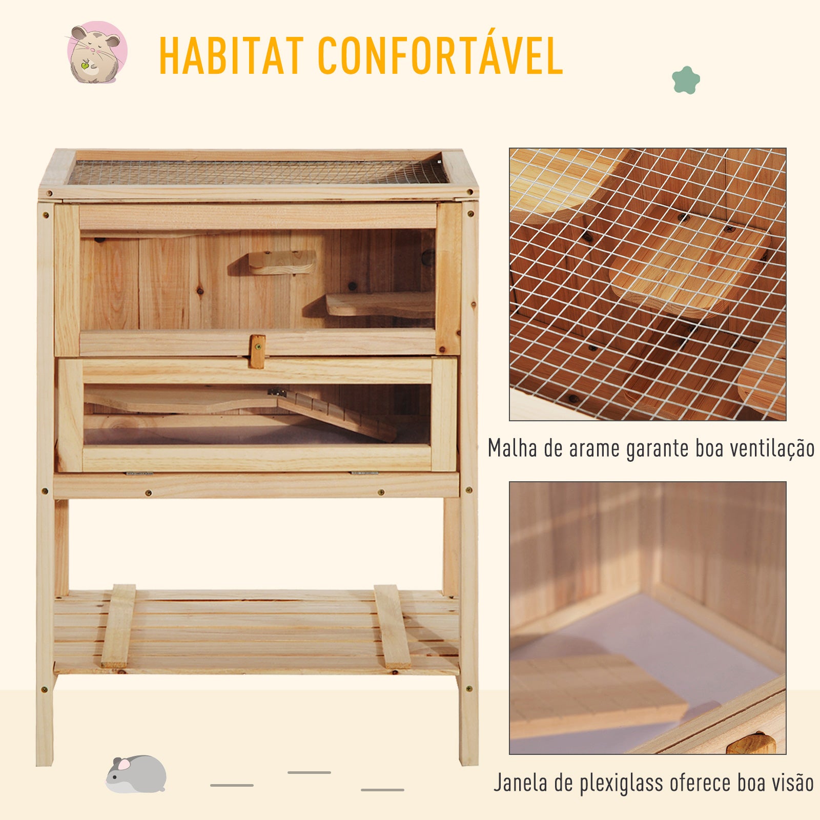 Gaiola de Madeira para Hamster 60x40x80 cm - Cor de Madeira Natural