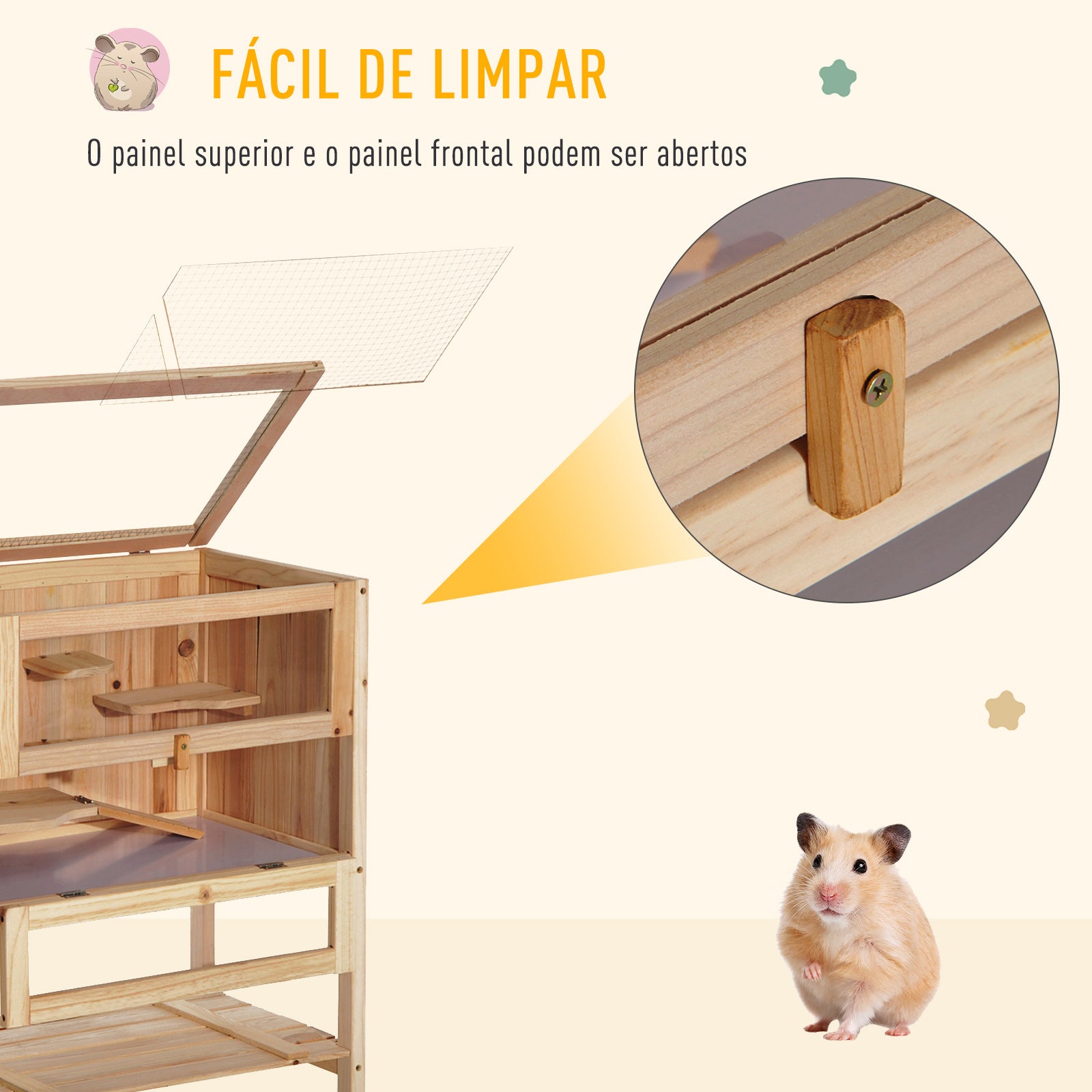 Gaiola de Madeira para Hamster 60x40x80 cm - Cor de Madeira Natural