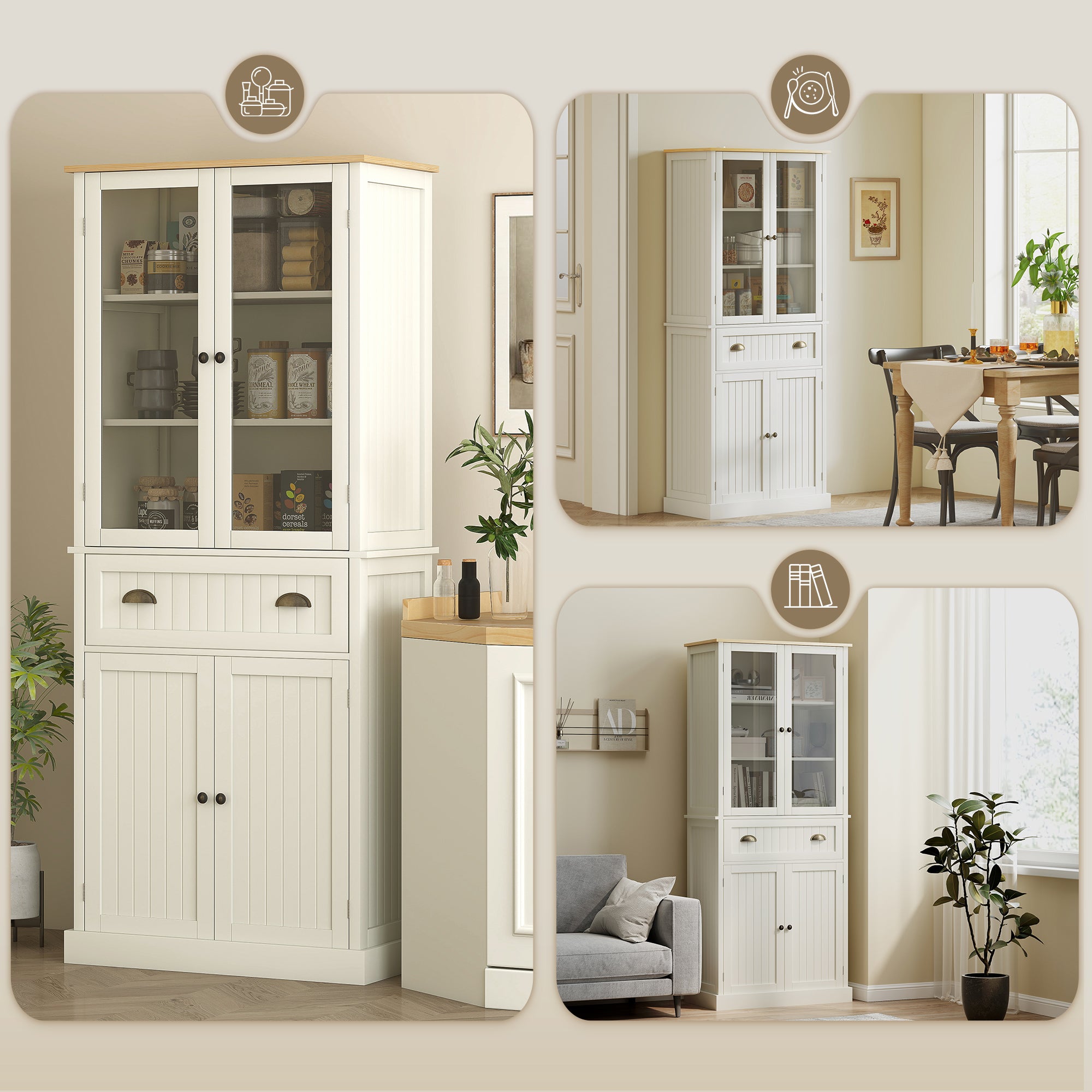 Armário de Cozinha com 2 Portas de Vidro e Gaveta 76x40x182.5cm Branco