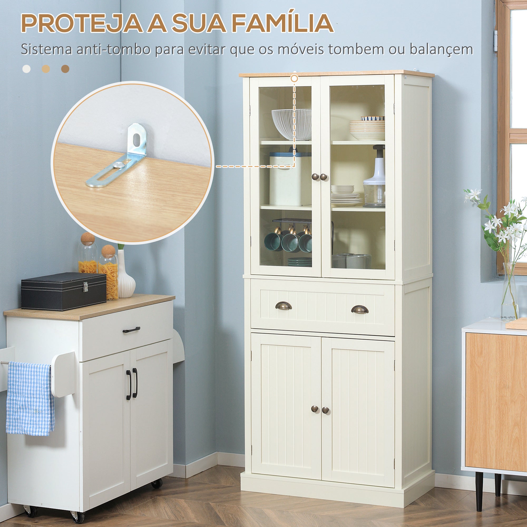Armário de Cozinha com 2 Portas de Vidro e Gaveta 76x40x182.5cm Branco