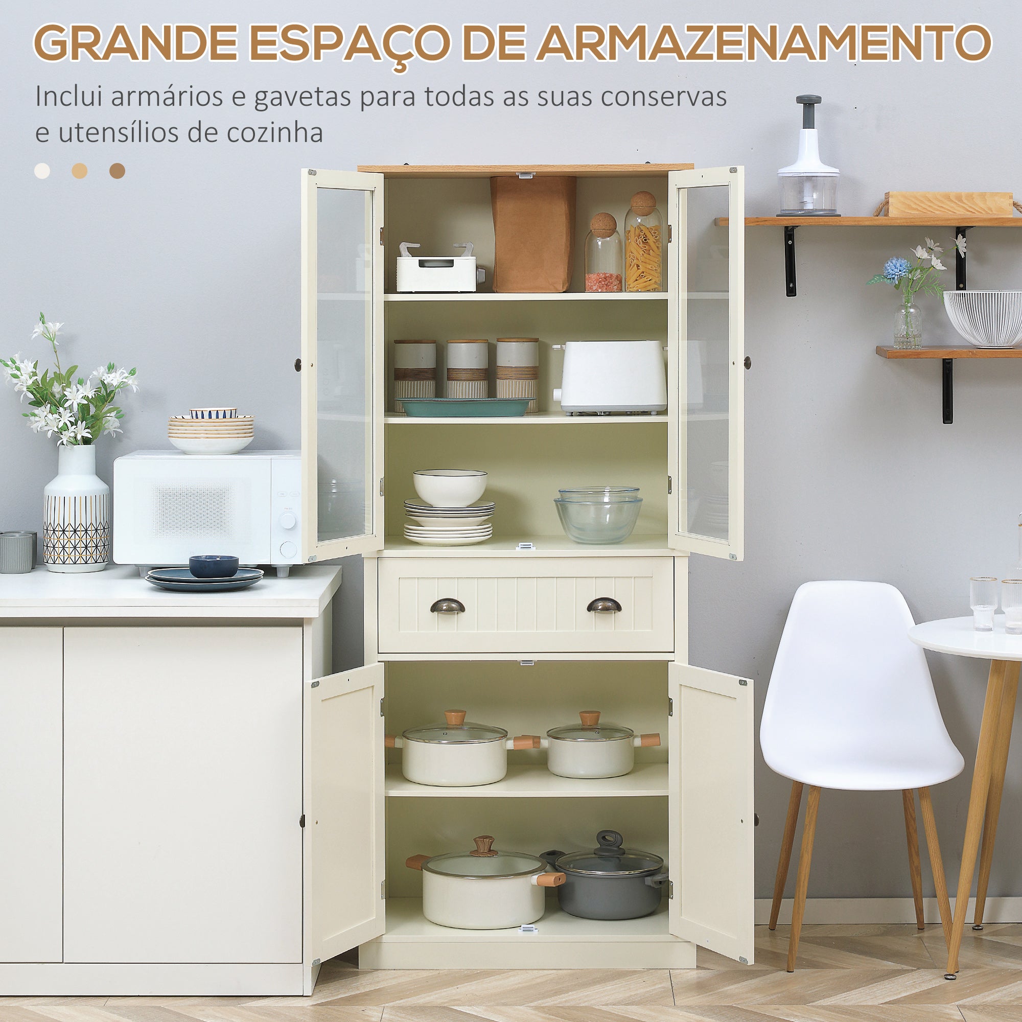 Armário de Cozinha com 2 Portas de Vidro e Gaveta 76x40x182.5cm Branco