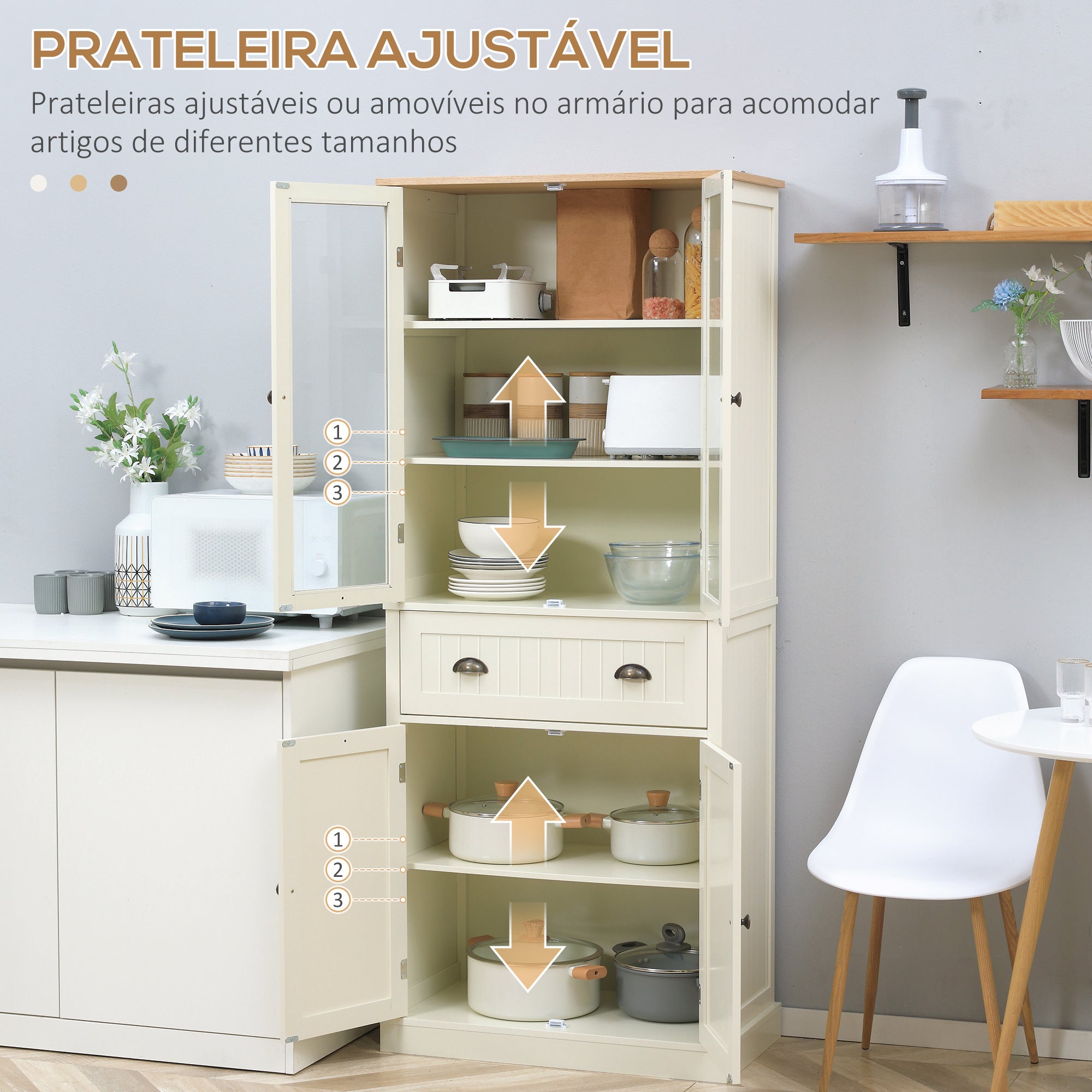 Armário de Cozinha com 2 Portas de Vidro e Gaveta 76x40x182.5cm Branco