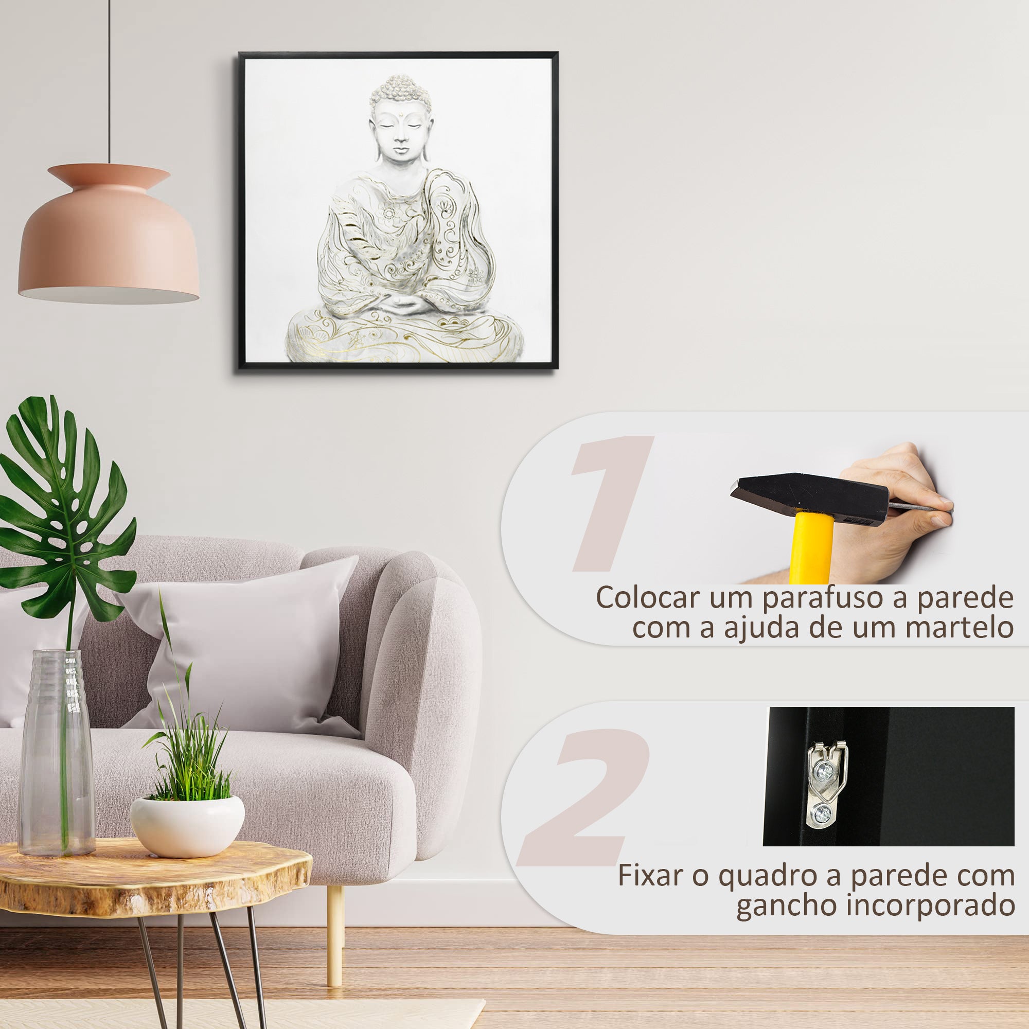 Pintura em Lona de Buda Multicor 83x83cm com Textura Dourada