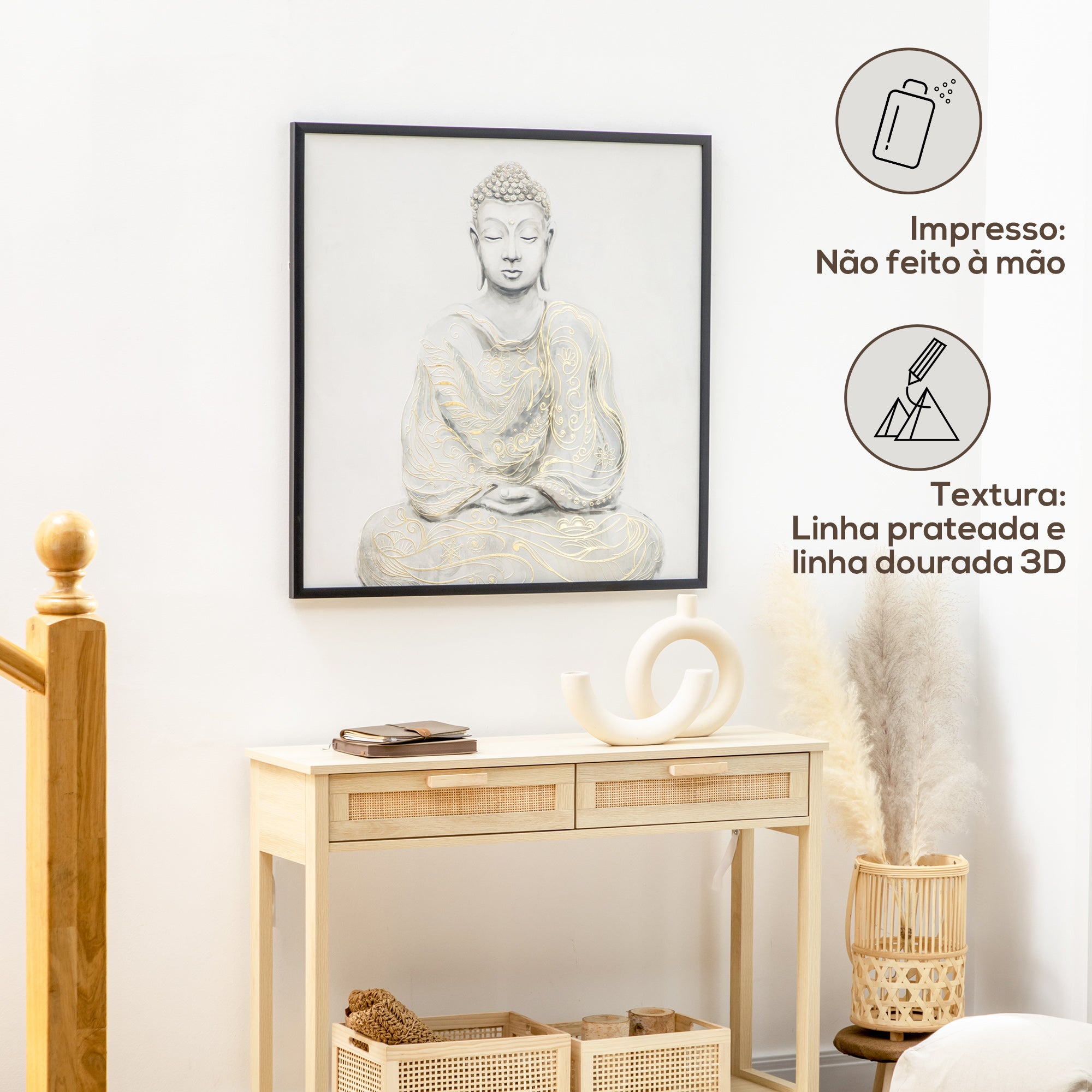 Pintura em Lona de Buda Multicor 83x83cm com Textura Dourada