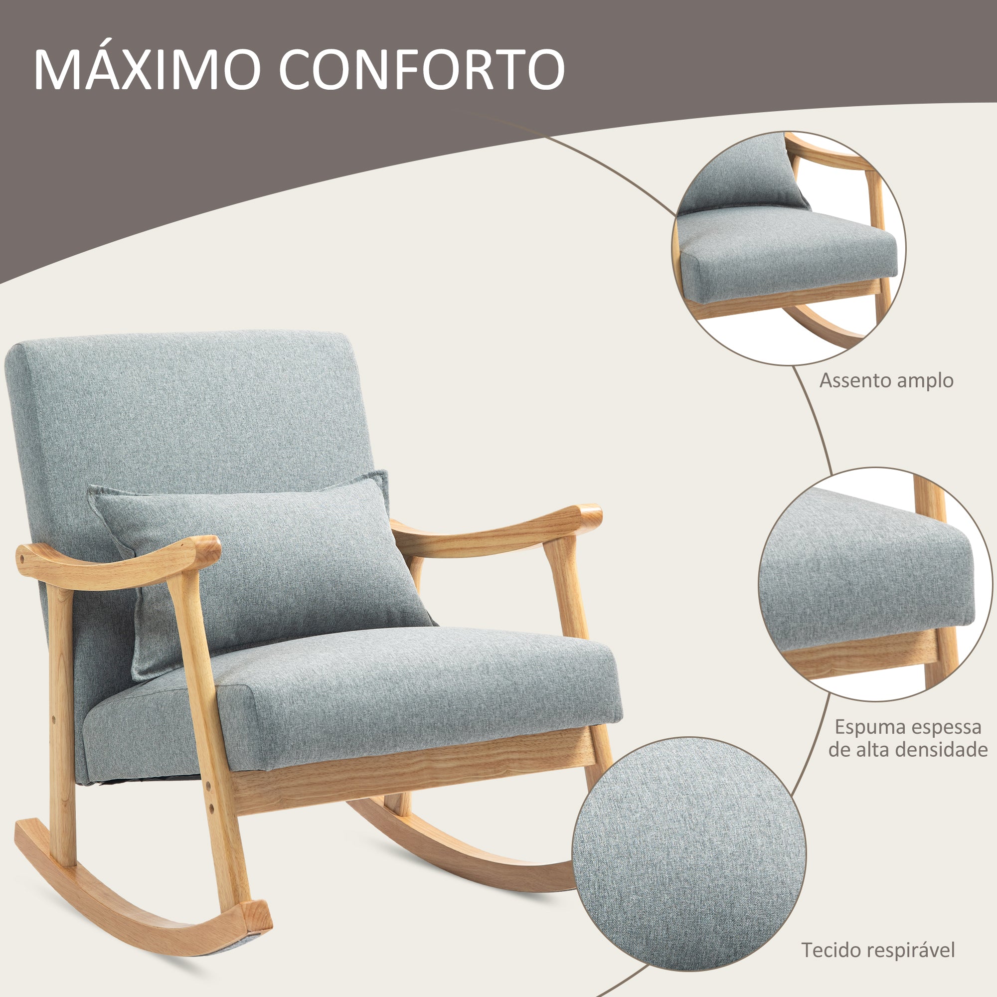 Poltrona Baloiço – 65x87x84 cm – Cinza Claro – Poliéster e Madeira de Borracha