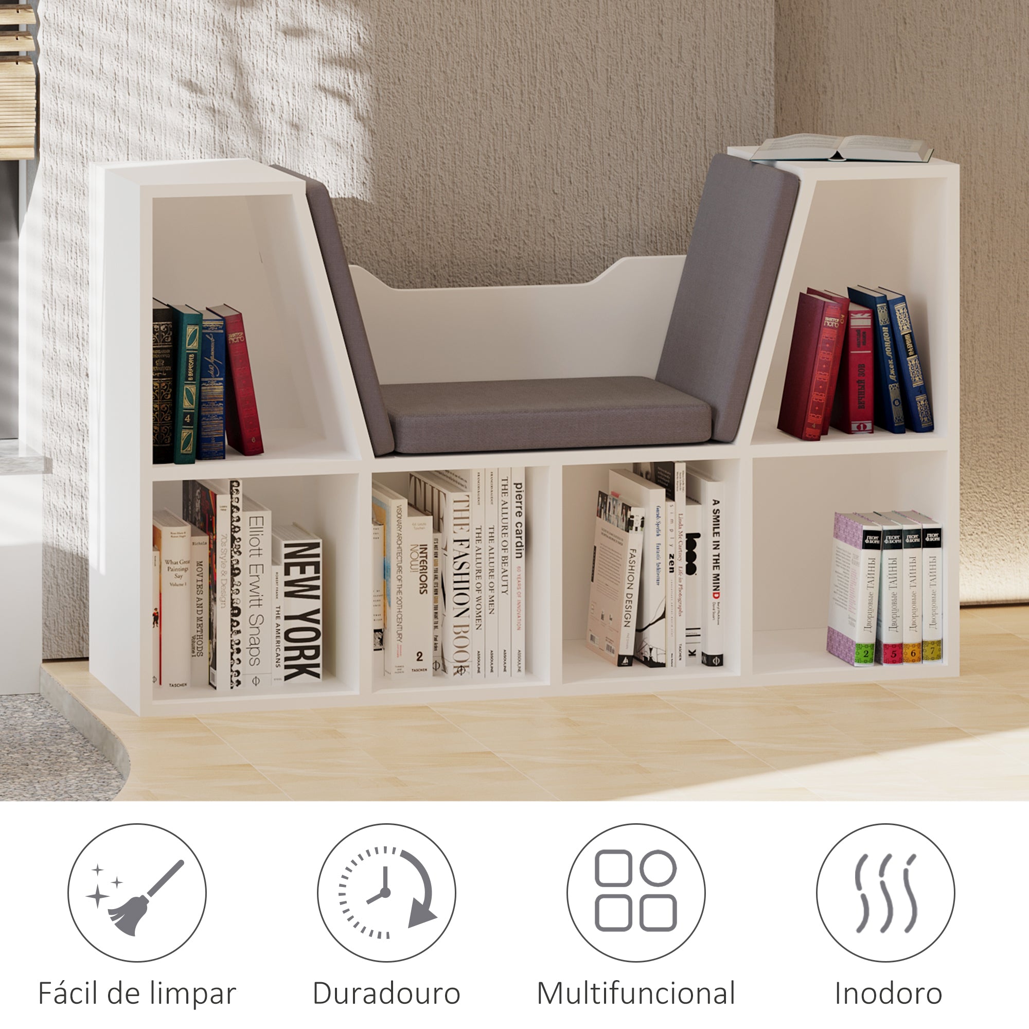 Estante Infantil com Assento 102x30x61 cm - Branco e Cinzento