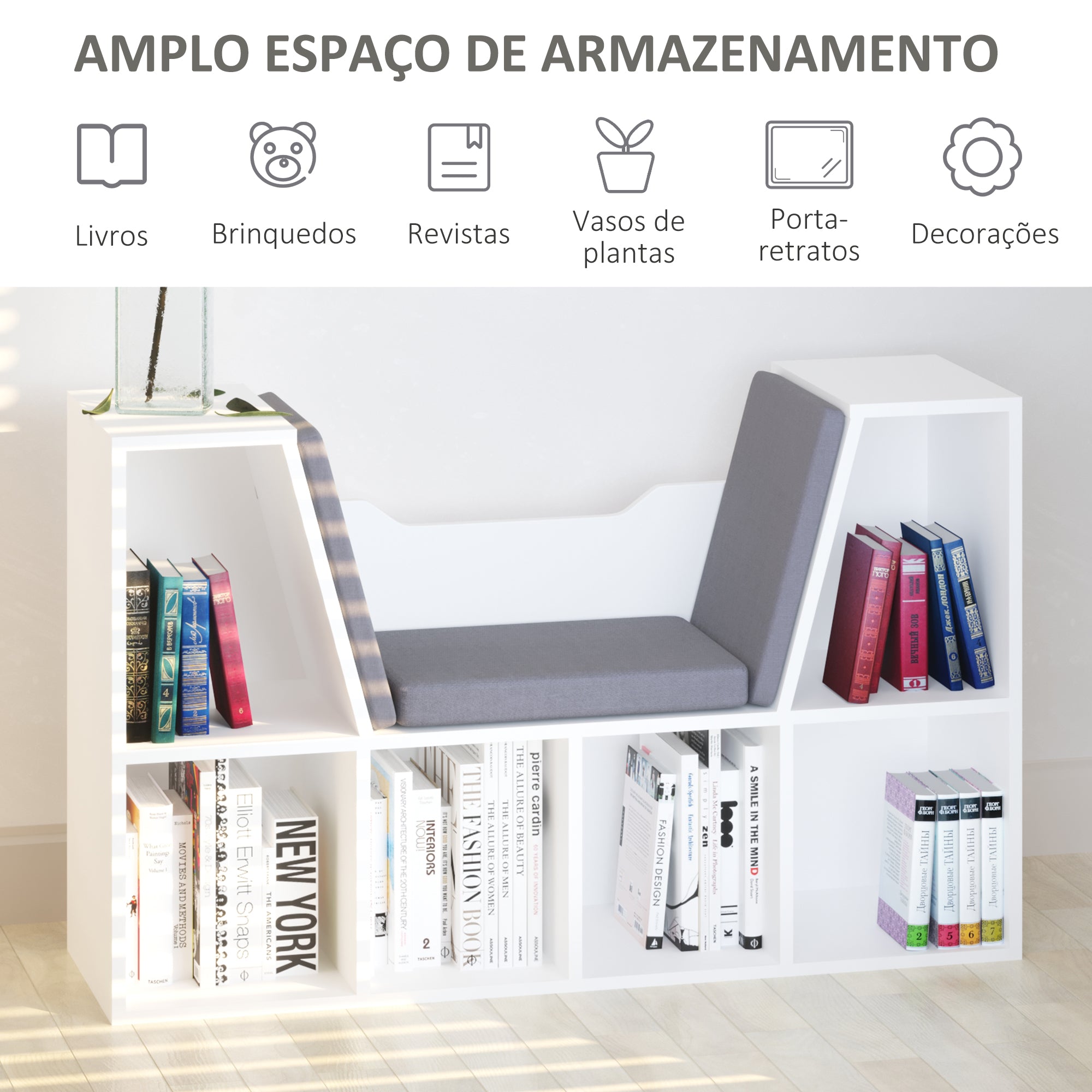 Estante Infantil com Assento 102x30x61 cm - Branco e Cinzento