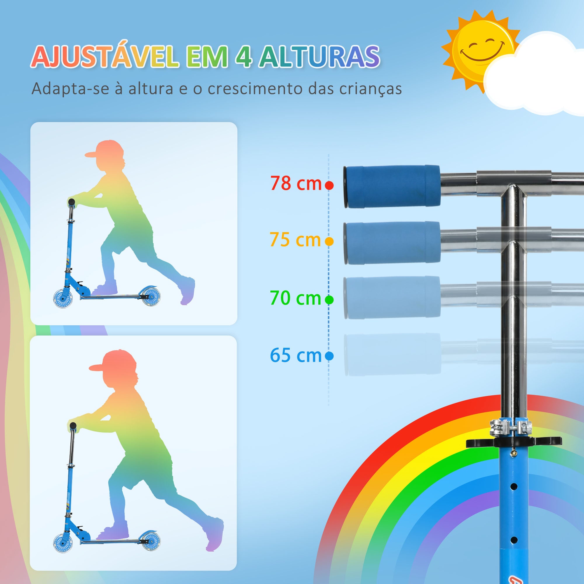 Trotinete Infantil com Luzes e Música – 67x32x65-78 cm – Azul – Estrutura metálica