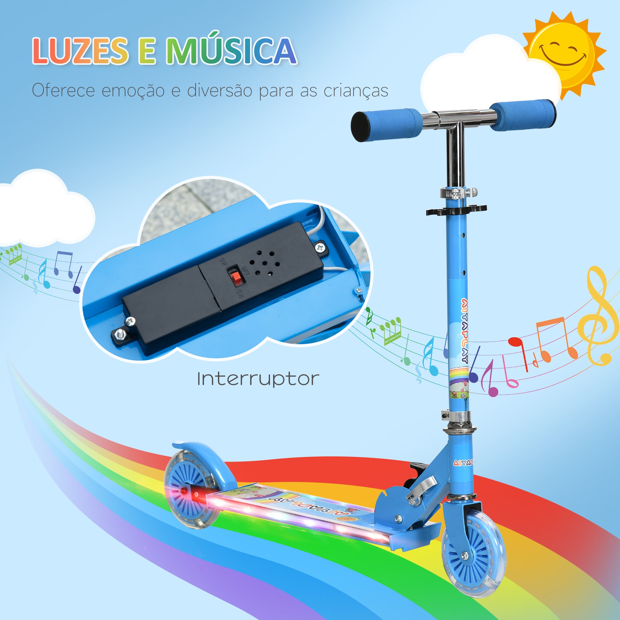 Trotinete Infantil com Luzes e Música – 67x32x65-78 cm – Azul – Estrutura metálica