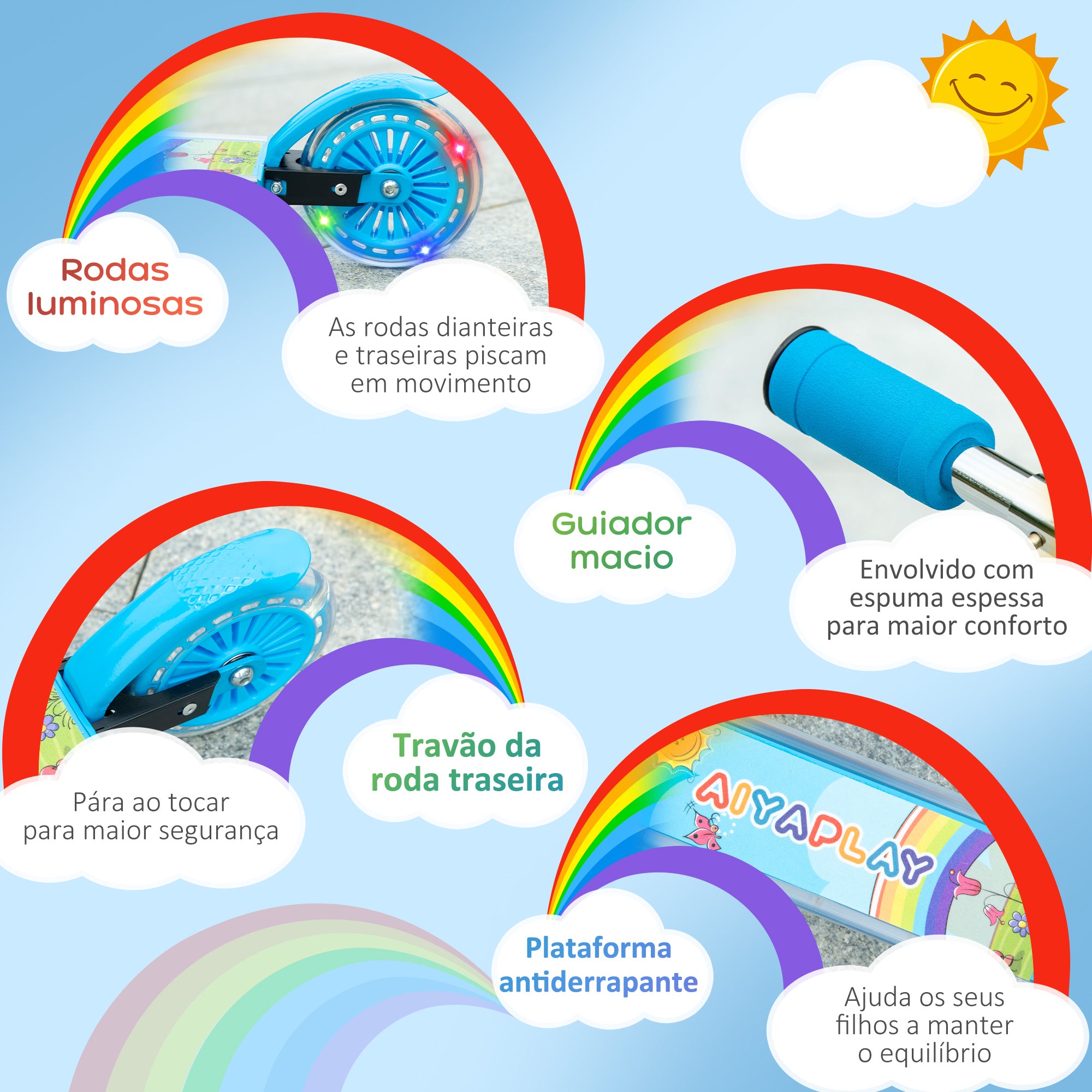 Trotinete Infantil com Luzes e Música – 67x32x65-78 cm – Azul – Estrutura metálica