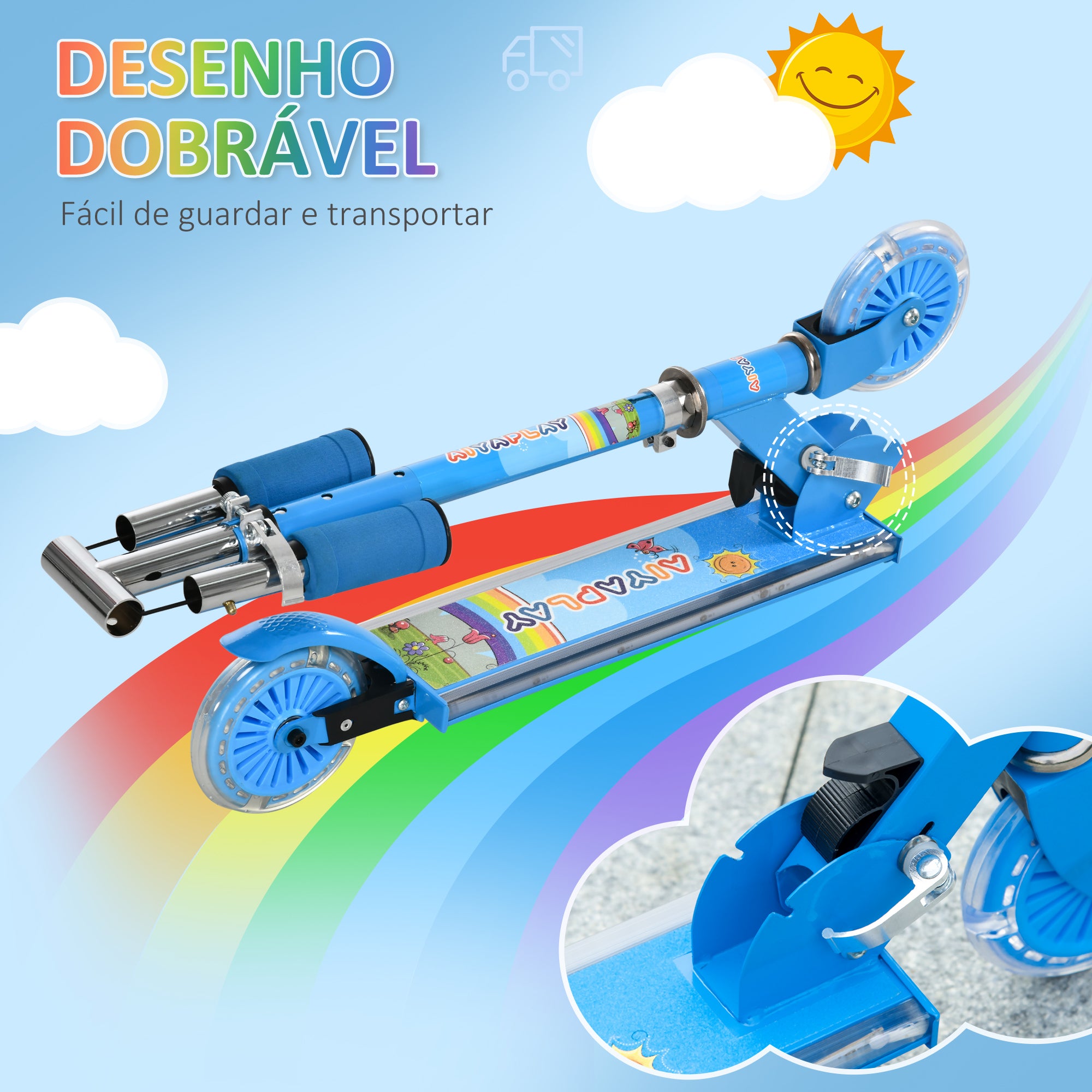 Trotinete Infantil com Luzes e Música – 67x32x65-78 cm – Azul – Estrutura metálica