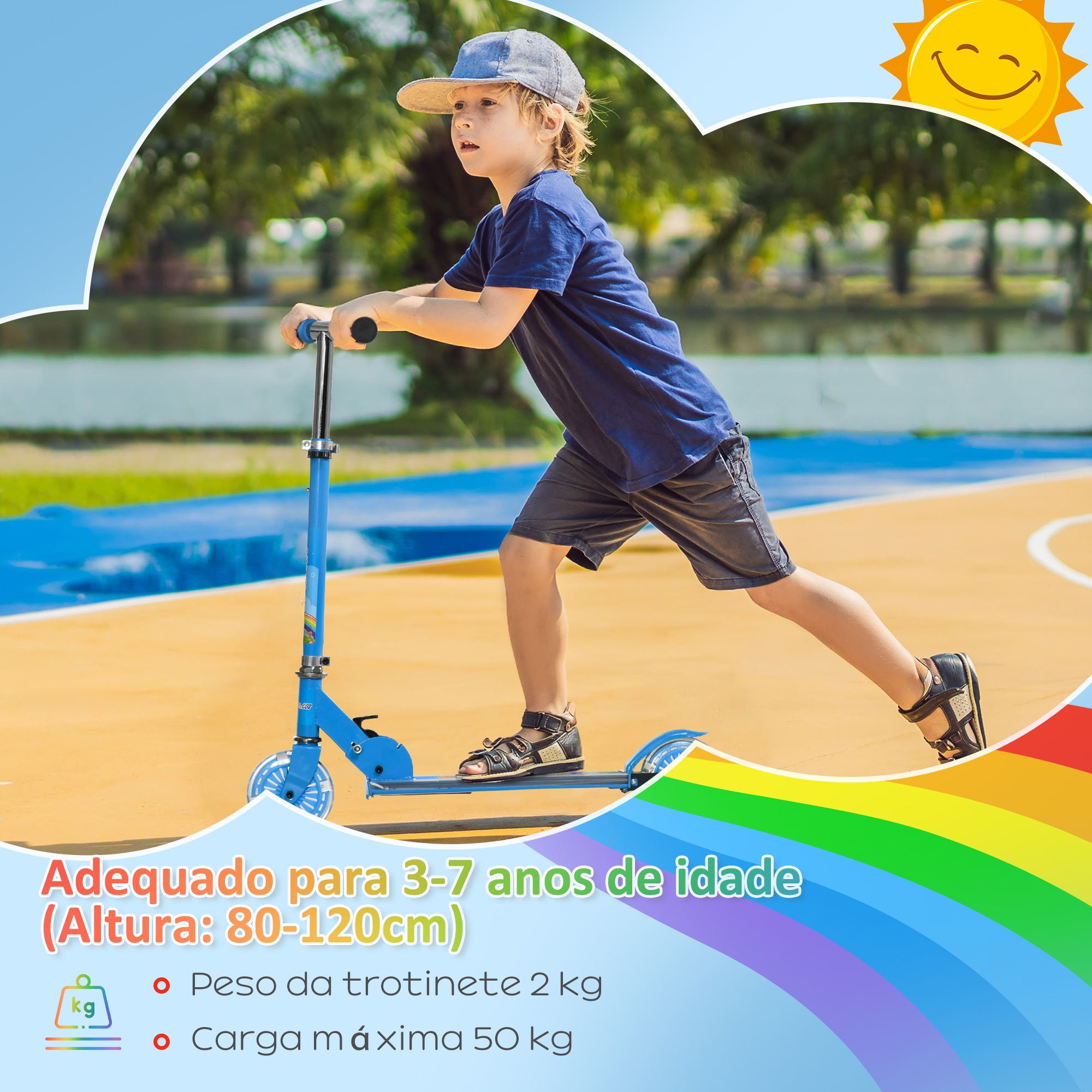Trotinete Infantil com Luzes e Música – 67x32x65-78 cm – Azul – Estrutura metálica