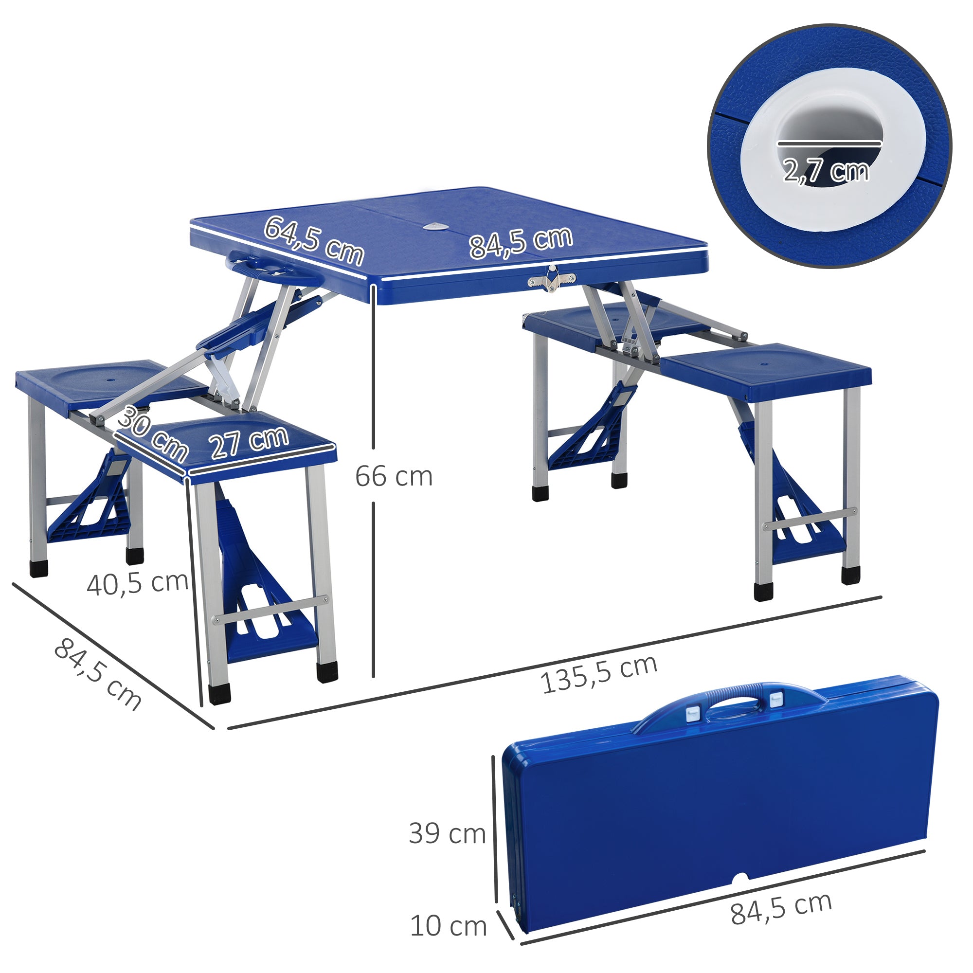 Mesa de Acampamento Dobrável Azul 84,5x64,5x66cm com 4 Cadeiras Integradas