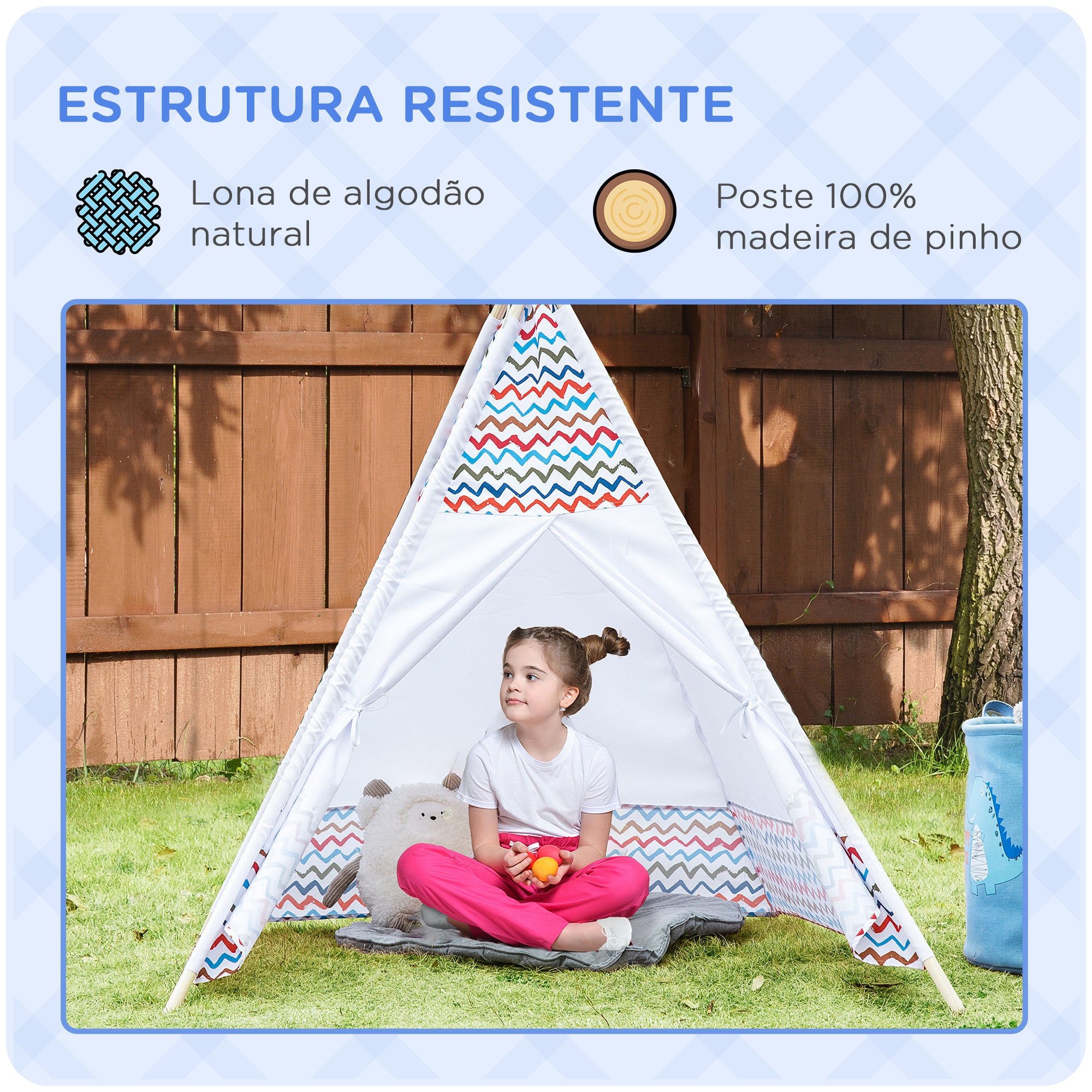 Tenda Tipi Infantil – 120x120x155 cm – Multicor – Madeira e Tecido Mistos