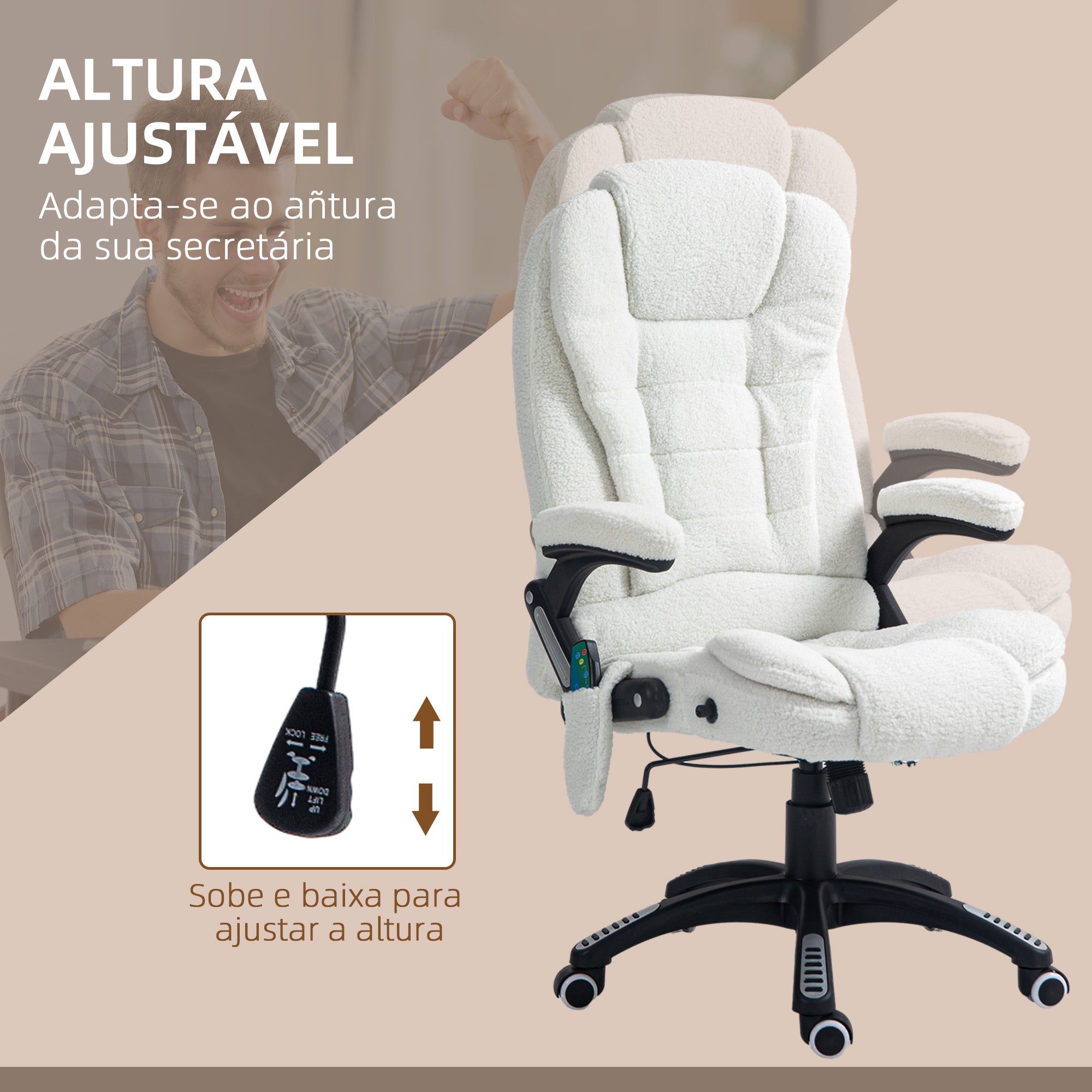 Cadeira de Escritório com Massagem e Aquecimento – 67x74x107-116 cm – Branco – Tecido (Poliéster)