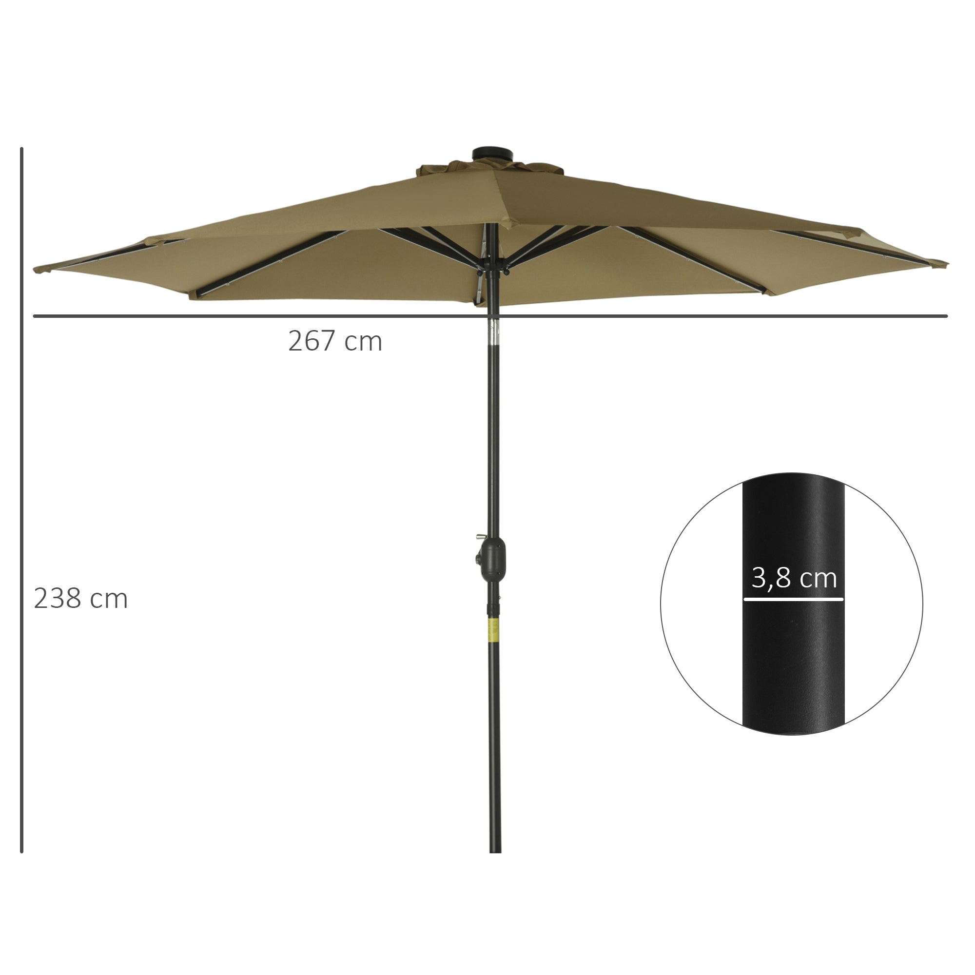 Chapéu de Sol de Jardim Marrom Ø268x238cm com Luzes LED