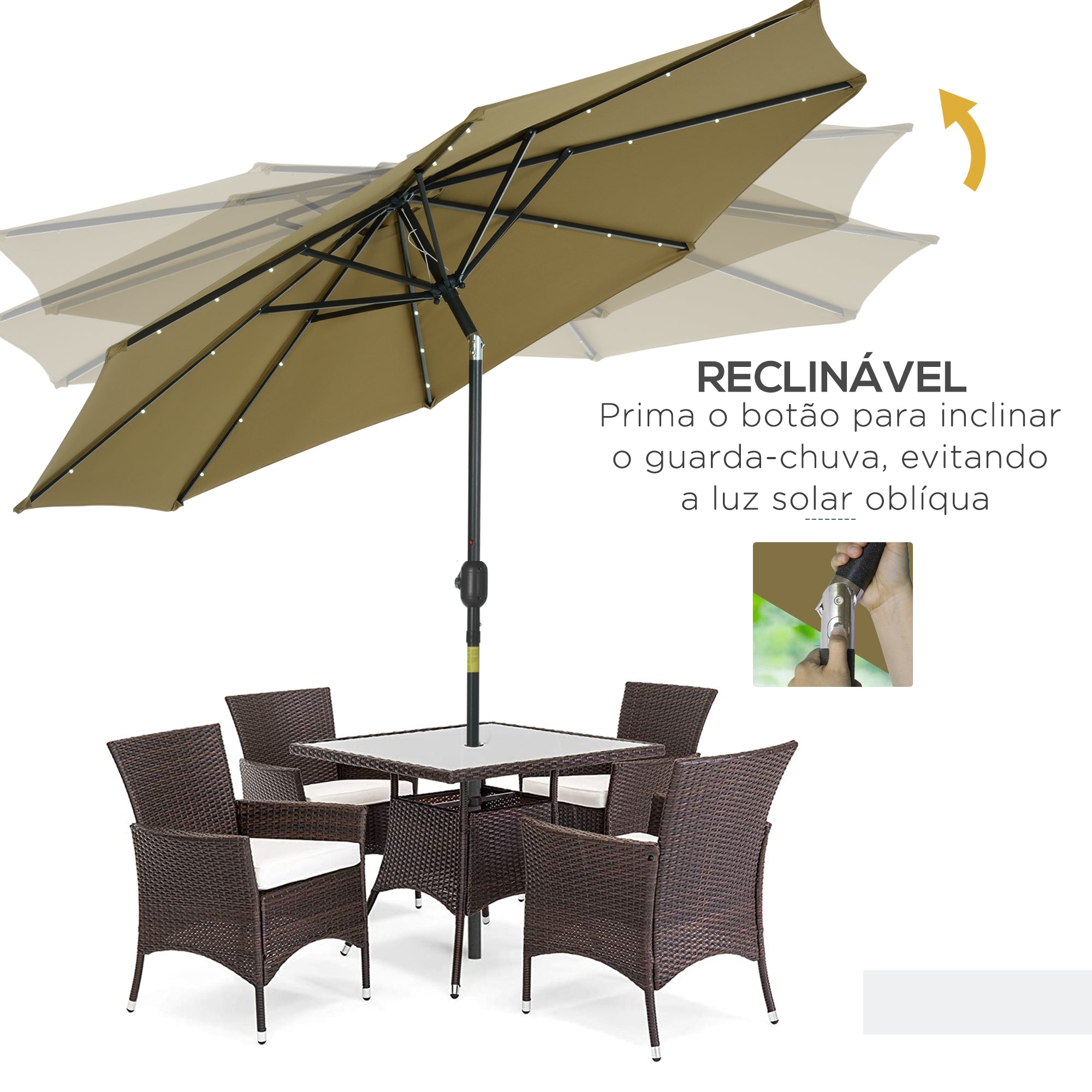 Chapéu de Sol de Jardim Marrom Ø268x238cm com Luzes LED