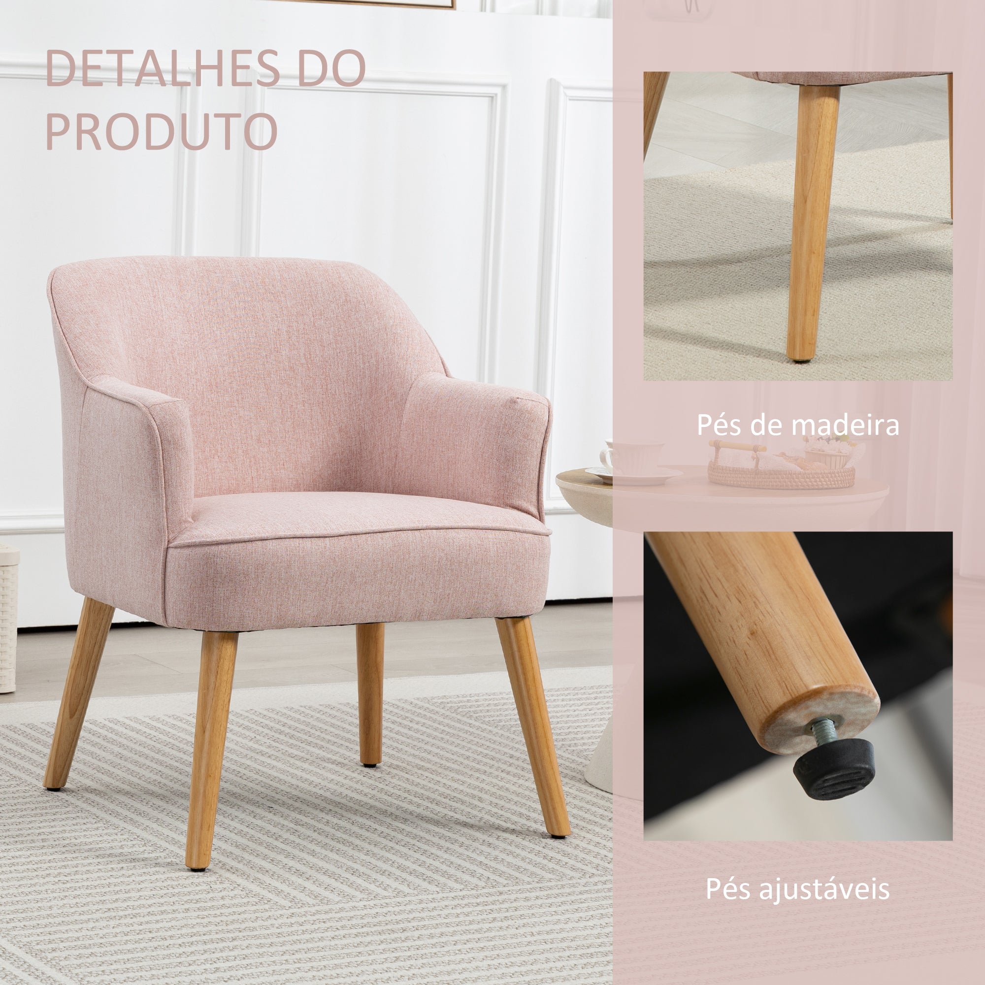 Poltrona Estilo Nórdico – 64,5x65x79,5 cm – Rosa – Linho