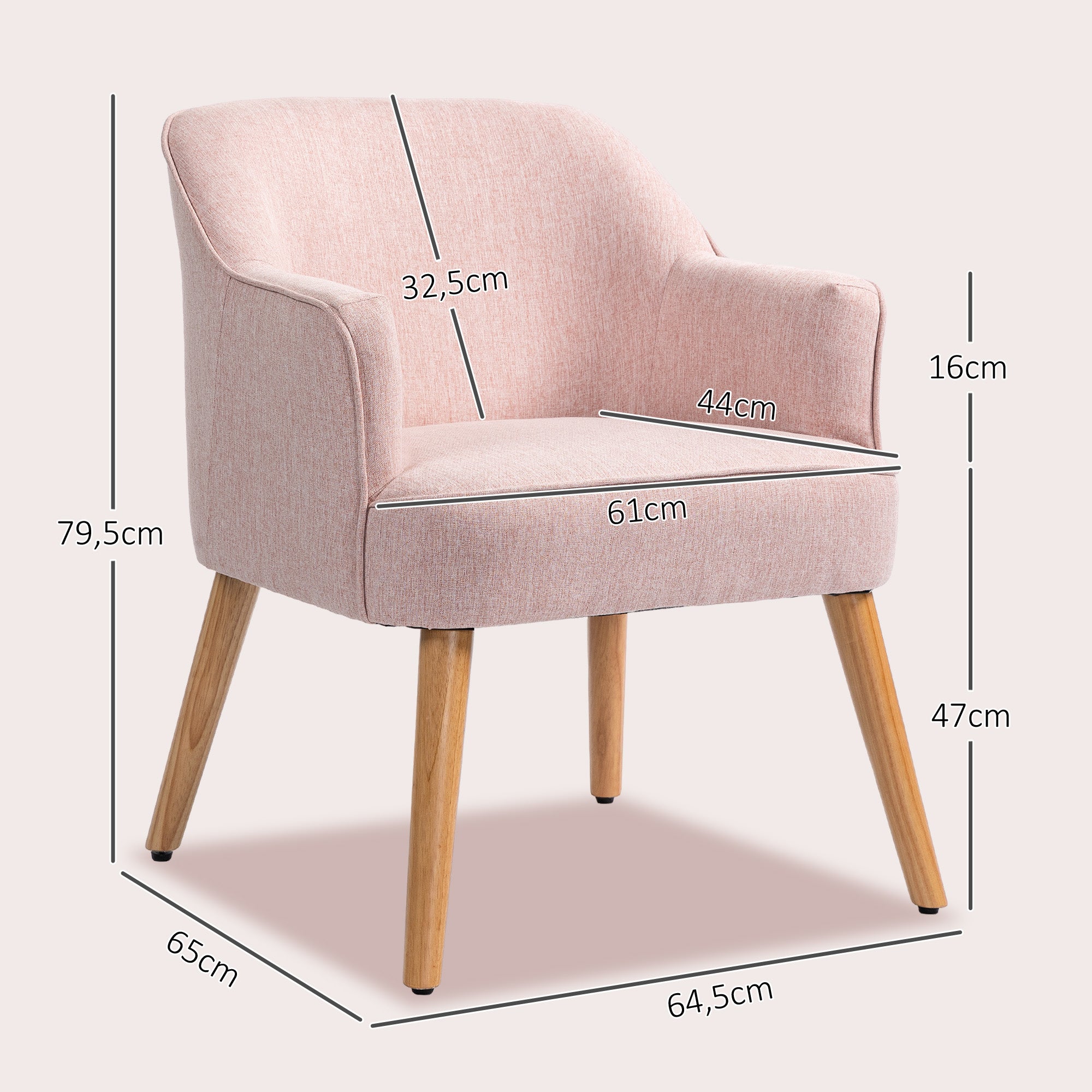 Poltrona Estilo Nórdico – 64,5x65x79,5 cm – Rosa – Linho