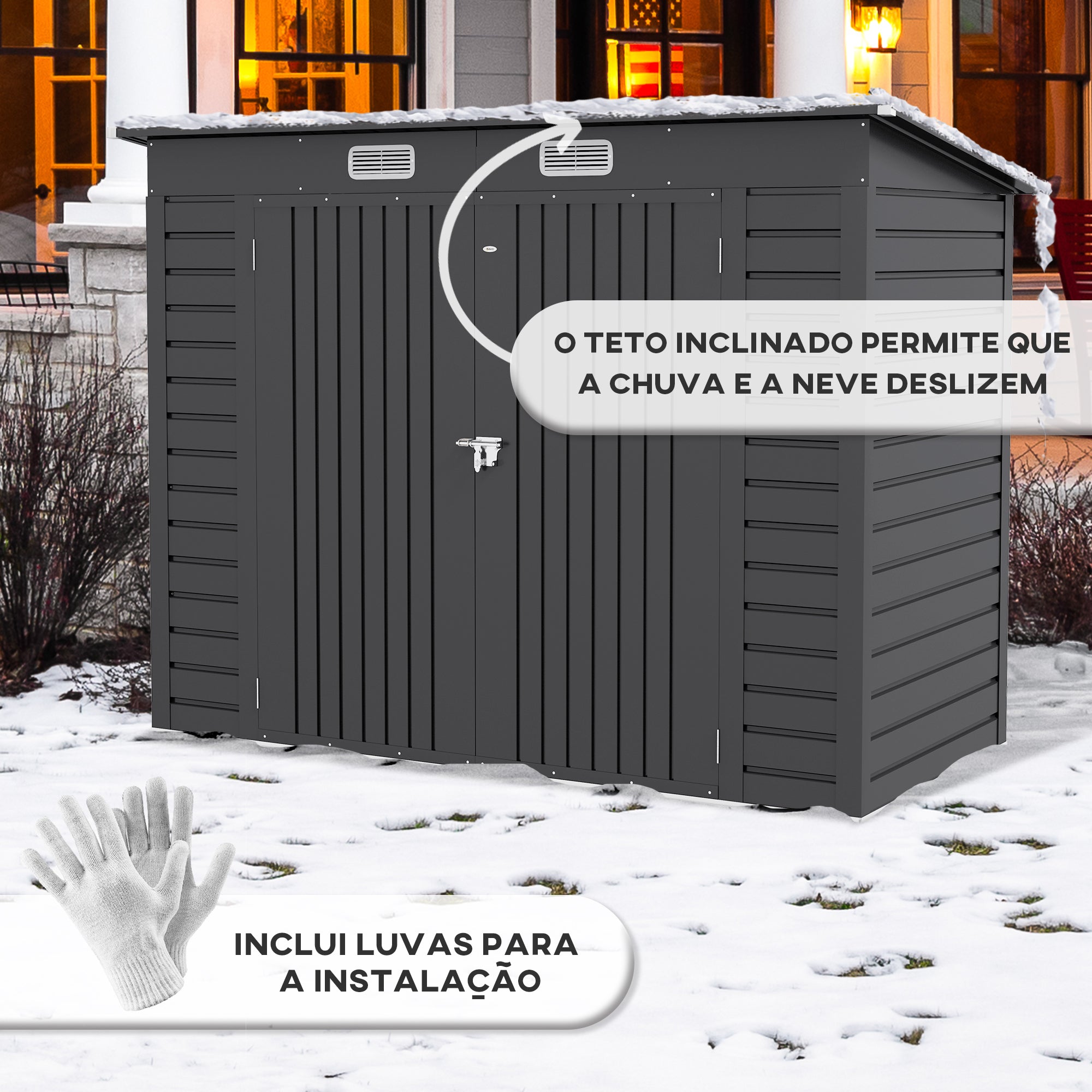 Abrigo de Jardim Cinzento 249x121x166/183 cm - Estrutura de Aço Resistente
