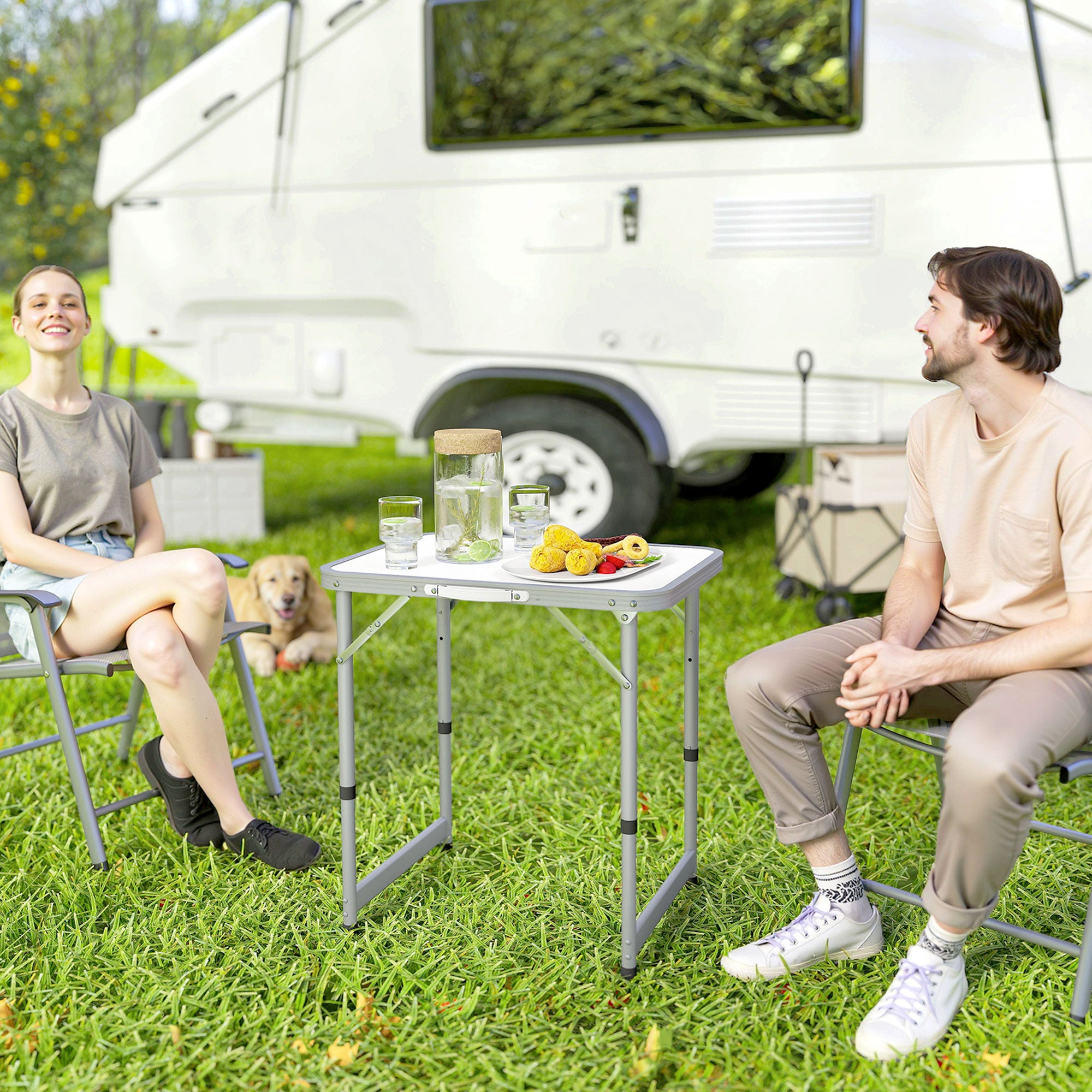 Mesa de Campismo Dobrável e Ajustável - 60x45x64cm - Cor Branco - Alumínio e MDF