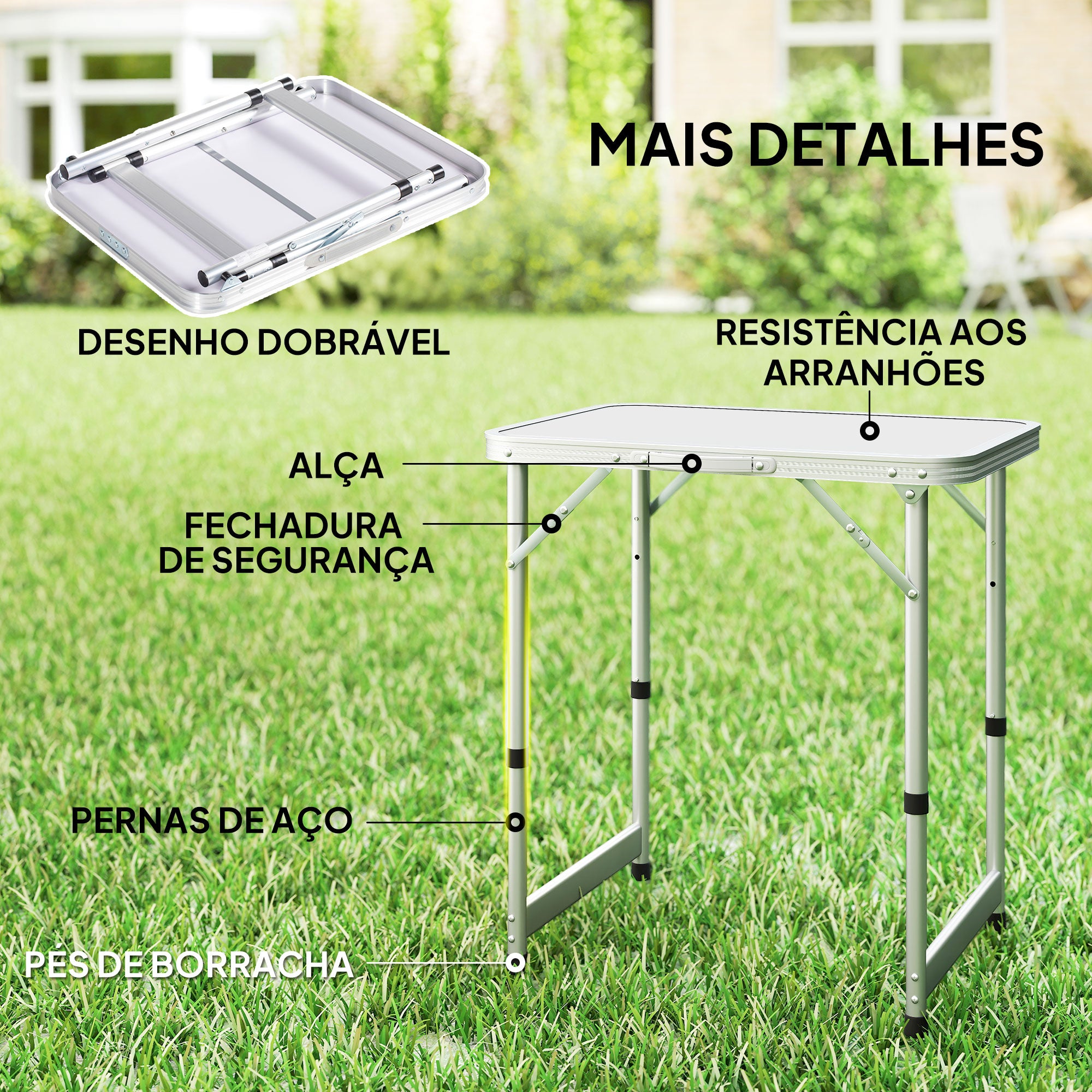Mesa de Campismo Dobrável e Ajustável - 60x45x64cm - Cor Branco - Alumínio e MDF