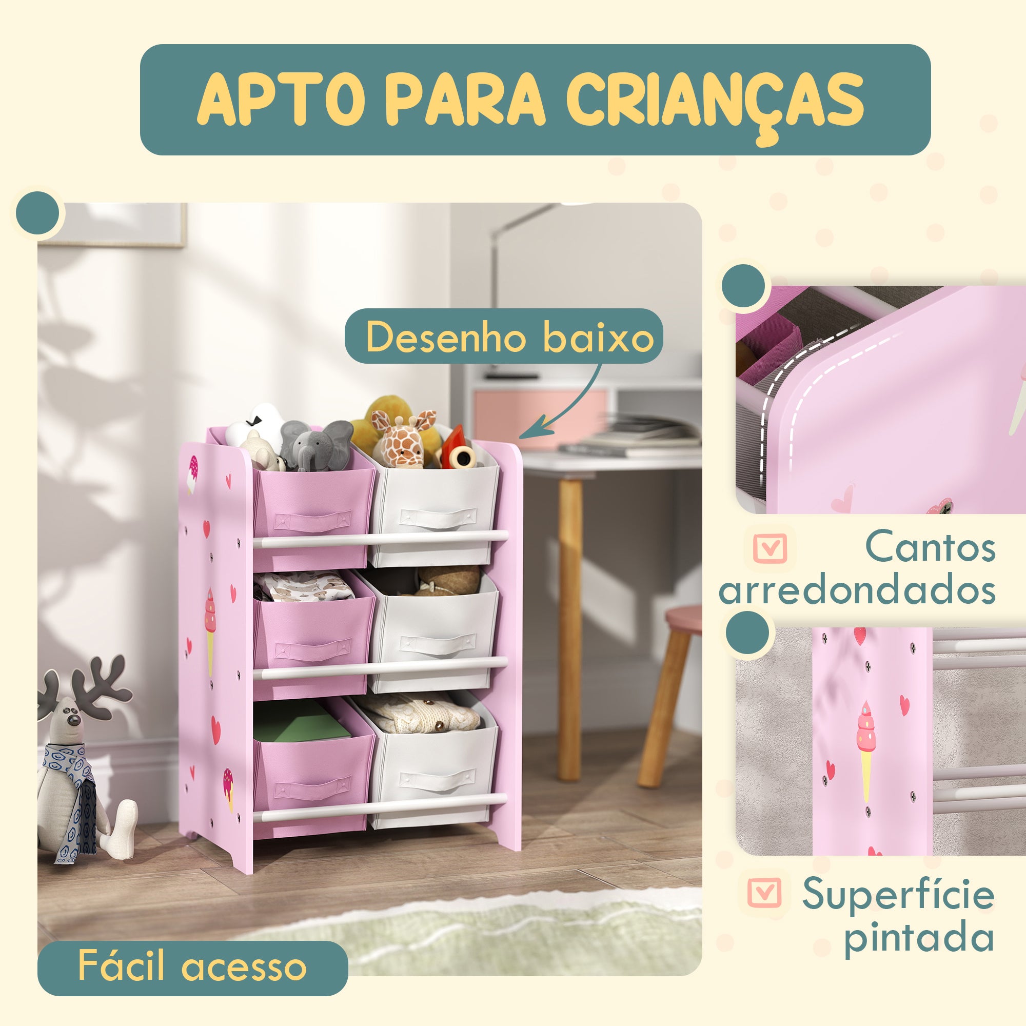Estante para Brinquedos Organizador com 6 Caixas Rosa 43x30x60 cm