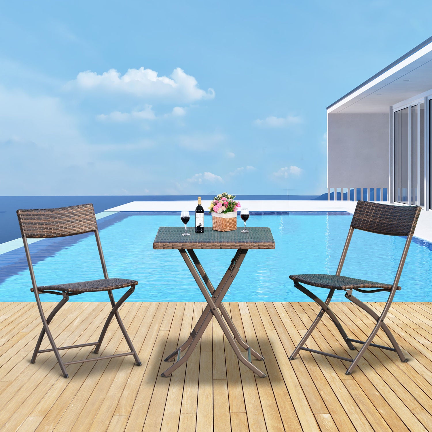 Conjunto de 2 Cadeiras e Mesa para Pátio Varanda Jardim Dobrável Rattan 60x60x72 cm Marrom