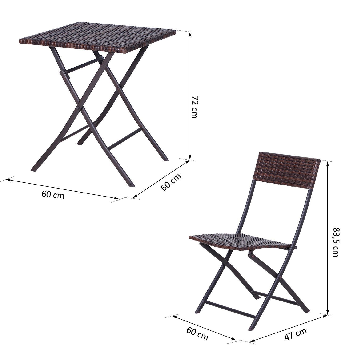 Conjunto de 2 Cadeiras e Mesa para Pátio Varanda Jardim Dobrável Rattan 60x60x72 cm Marrom