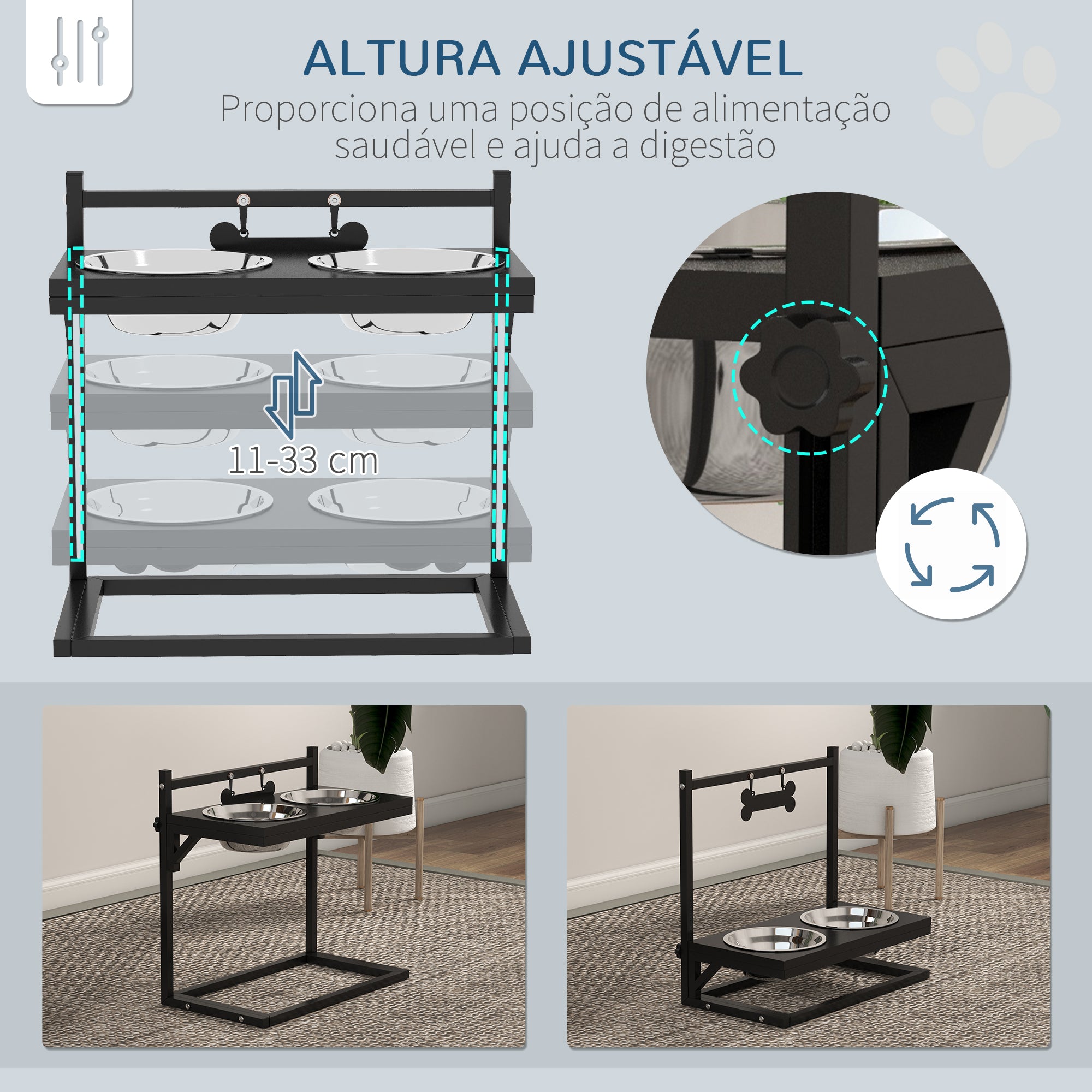 Comedouro Elevado para Cães com Tigelas de Aço Inoxidável 40,5x22x39 cm - Preto