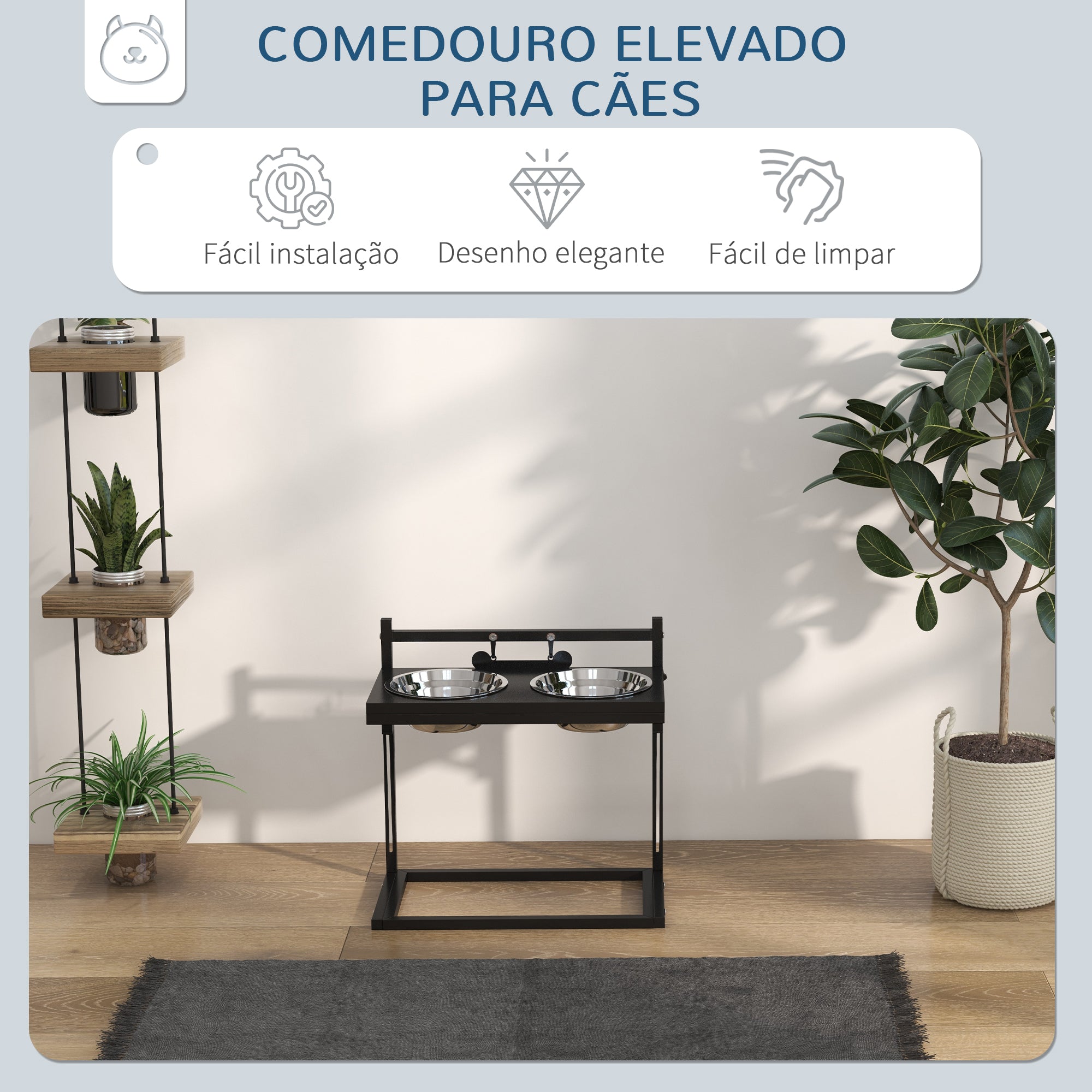 Comedouro Elevado para Cães com Tigelas de Aço Inoxidável 40,5x22x39 cm - Preto