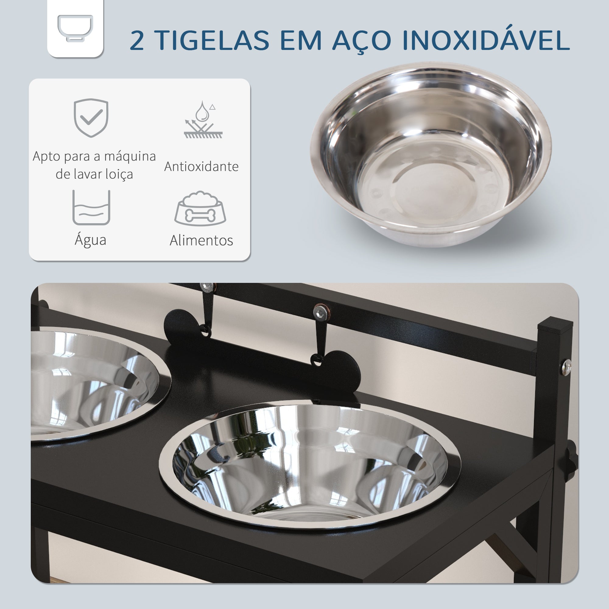 Comedouro Elevado para Cães com Tigelas de Aço Inoxidável 40,5x22x39 cm - Preto