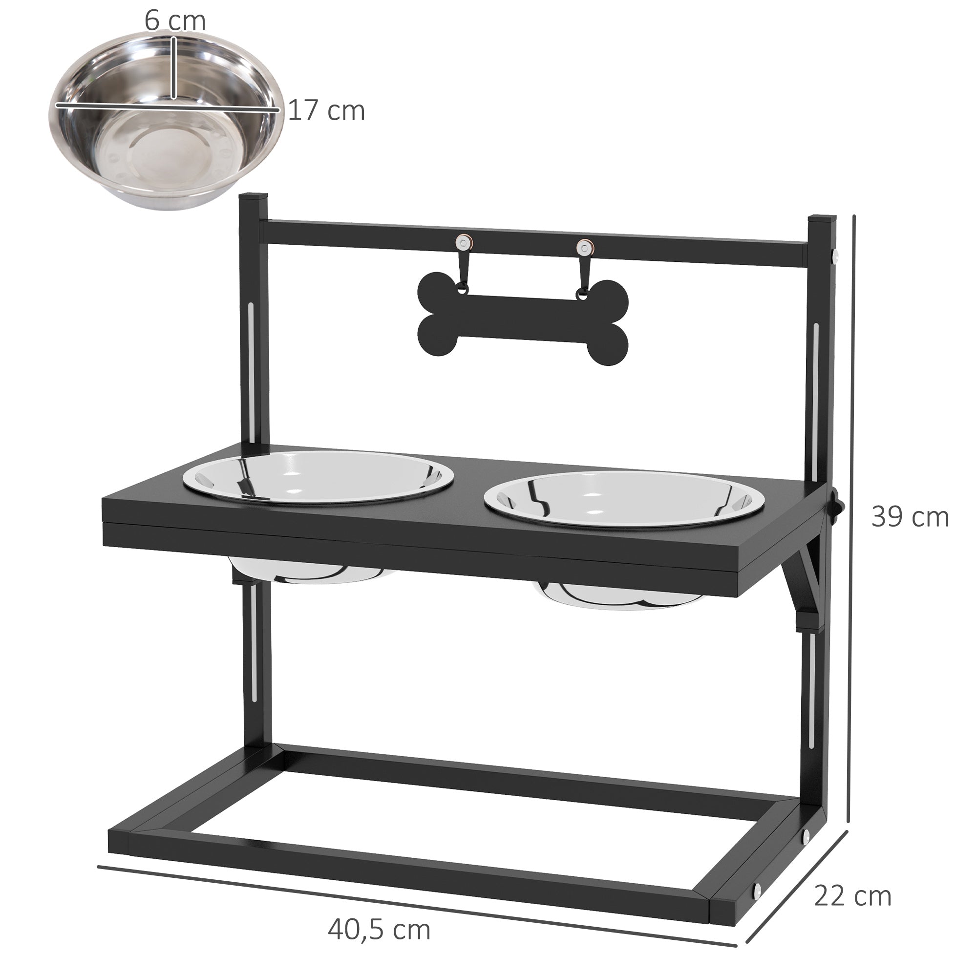 Comedouro Elevado para Cães com Tigelas de Aço Inoxidável 40,5x22x39 cm - Preto