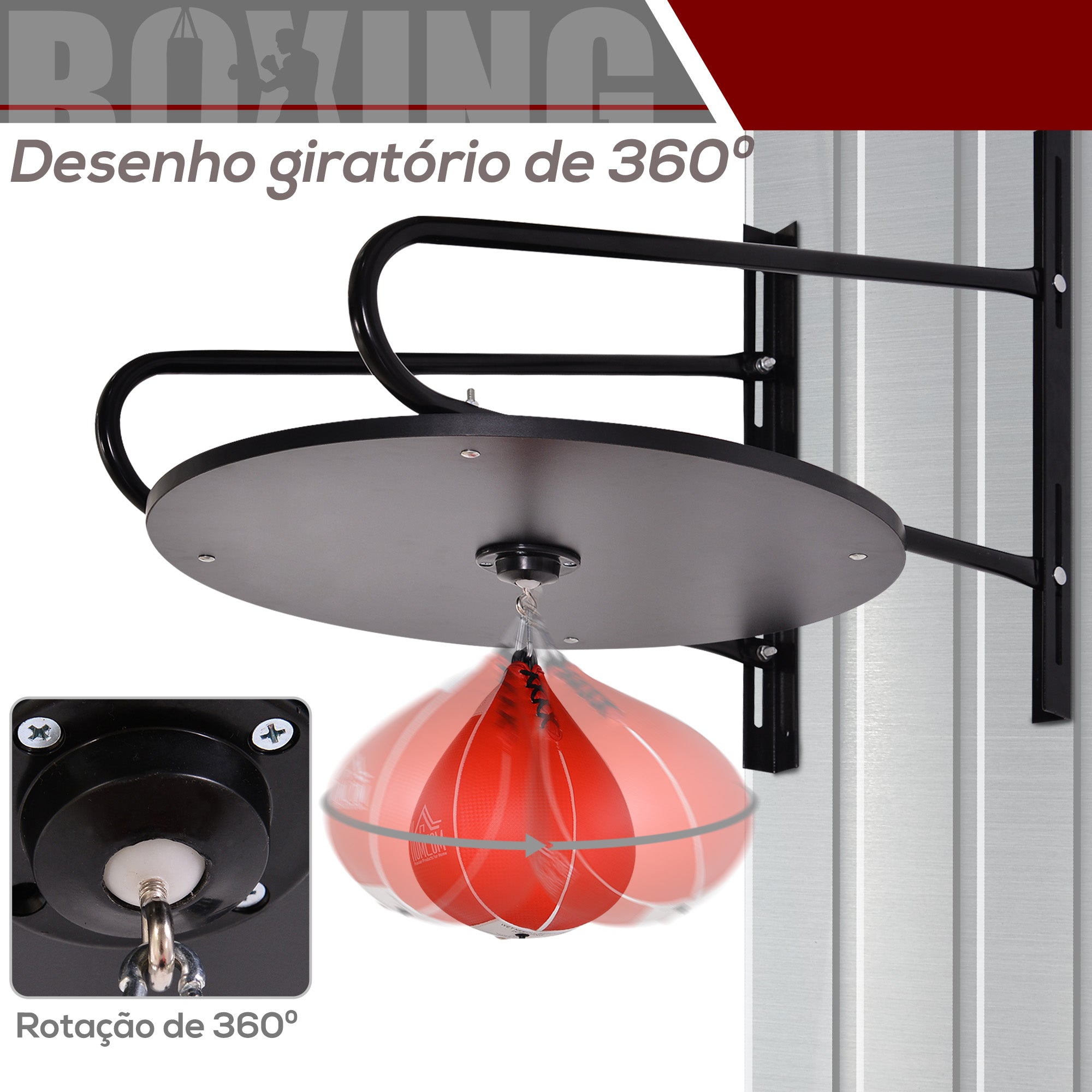 Pera de Boxe com Suporte de Parede – 60x73x80 cm – Preto e Vermelho – Aço, MDF, Couro Sintético