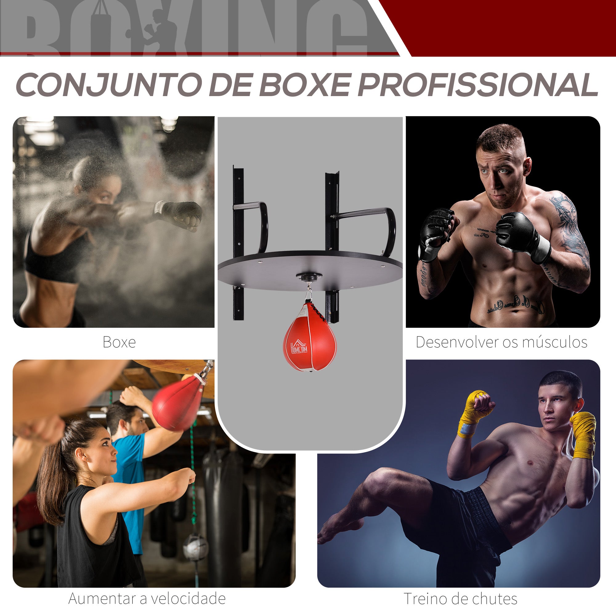 Pera de Boxe com Suporte de Parede – 60x73x80 cm – Preto e Vermelho – Aço, MDF, Couro Sintético