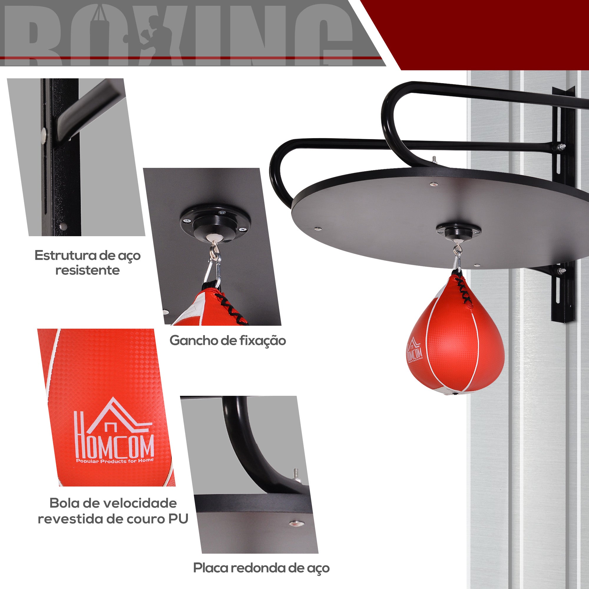 Pera de Boxe com Suporte de Parede – 60x73x80 cm – Preto e Vermelho – Aço, MDF, Couro Sintético