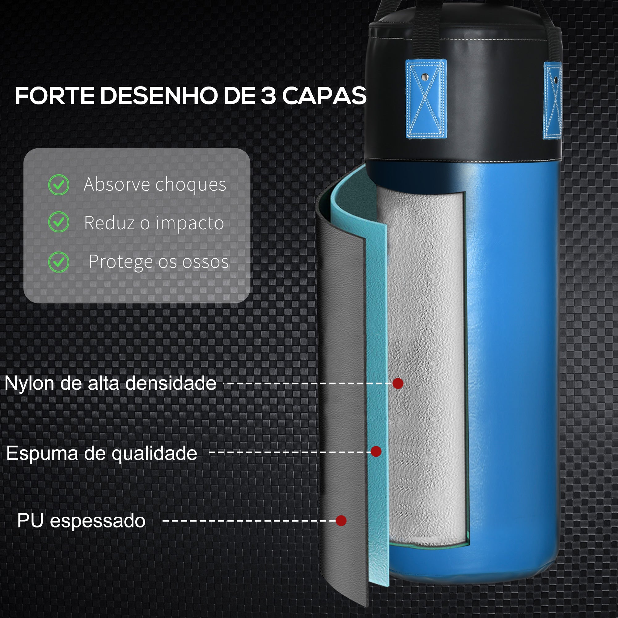 Saco de Boxe Profissional – Ø25 x 102 cm – Azul – Couro PU