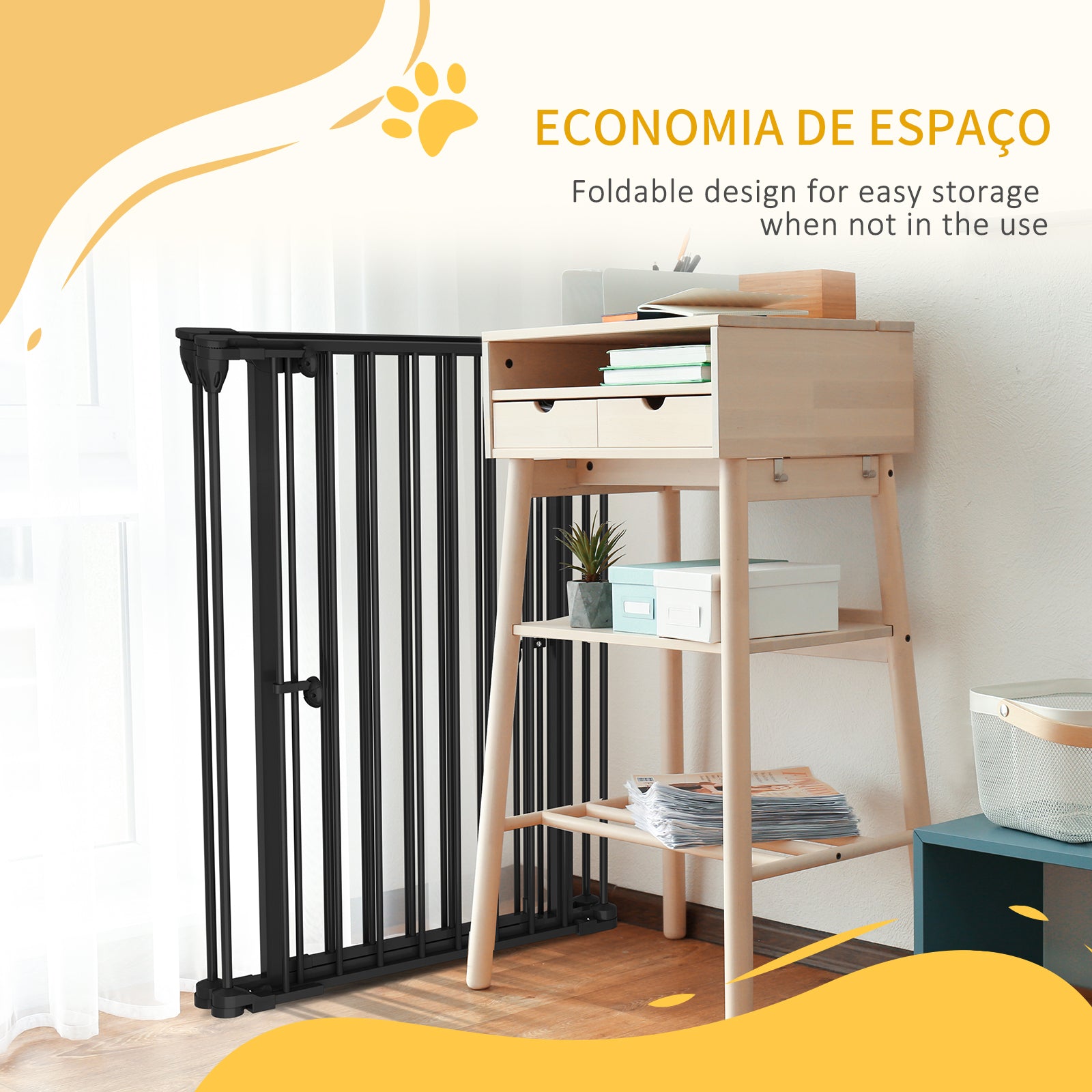 Barreira de Segurança para Animais de Estimação – 206x90 cm – Cor Preto – Aço e Plástico PA6