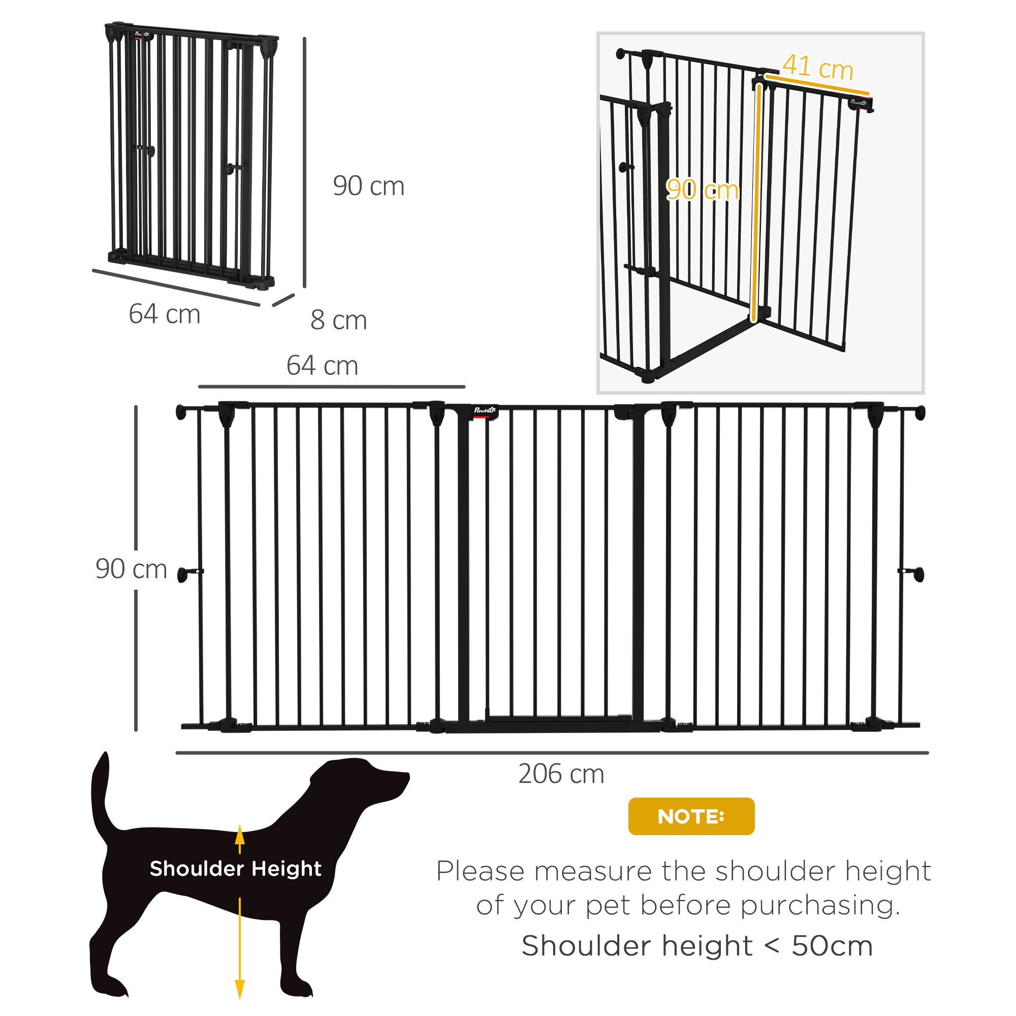 Barreira de Segurança para Animais de Estimação – 206x90 cm – Cor Preto – Aço e Plástico PA6