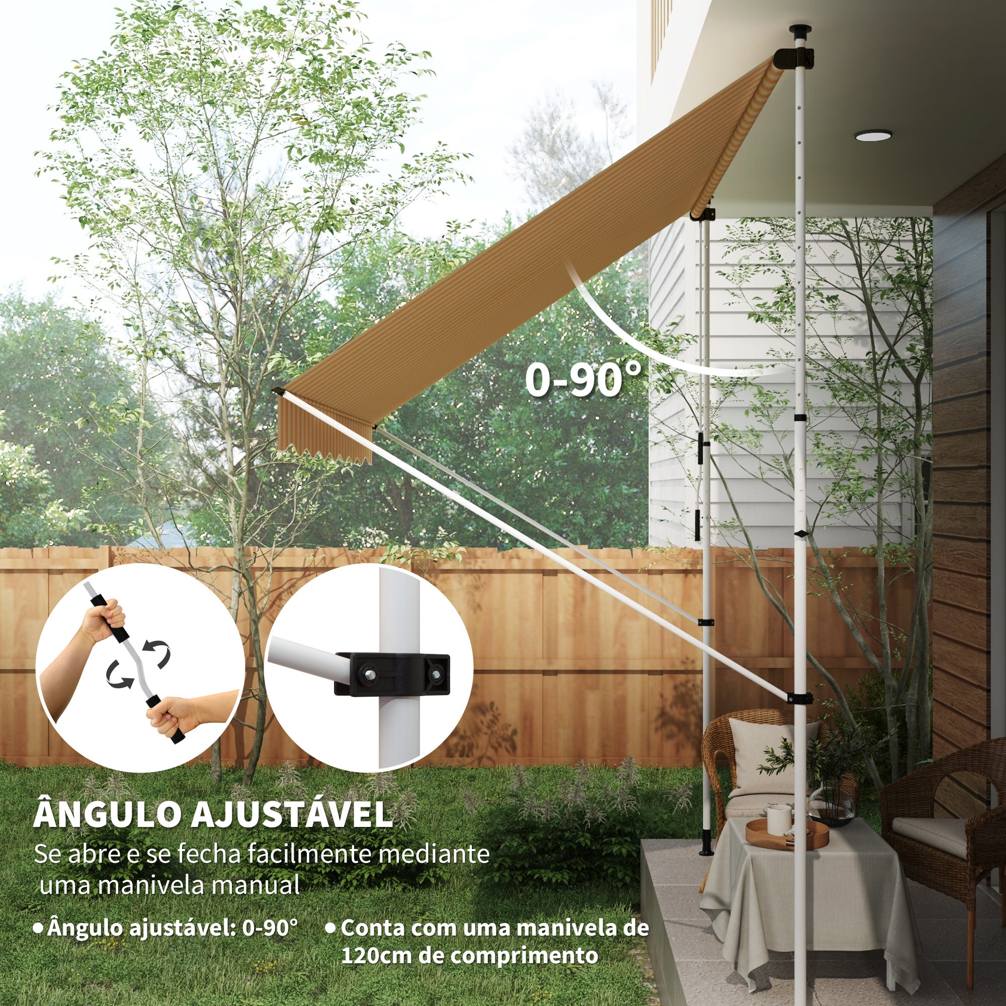 Toldo Manual Retrátil para Exterior 300x150x280cm Amarelo e Branco